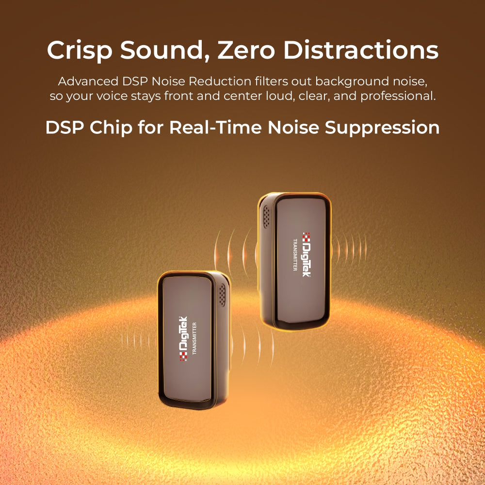 نظام ميكروفون لاسلكي Digitek (DWM 120)، مزود بخاصية تقليل الضوضاء، وميكروفون بتردد 2.4 جيجاهرتز بمدى يصل إلى 50 مترًا وبطارية تدوم 4.5 ساعات، متوافق مع هواتف iPhone وAndroid الذكية، مثالي لمدونات الفيديو والبث المباشر والمقابلات