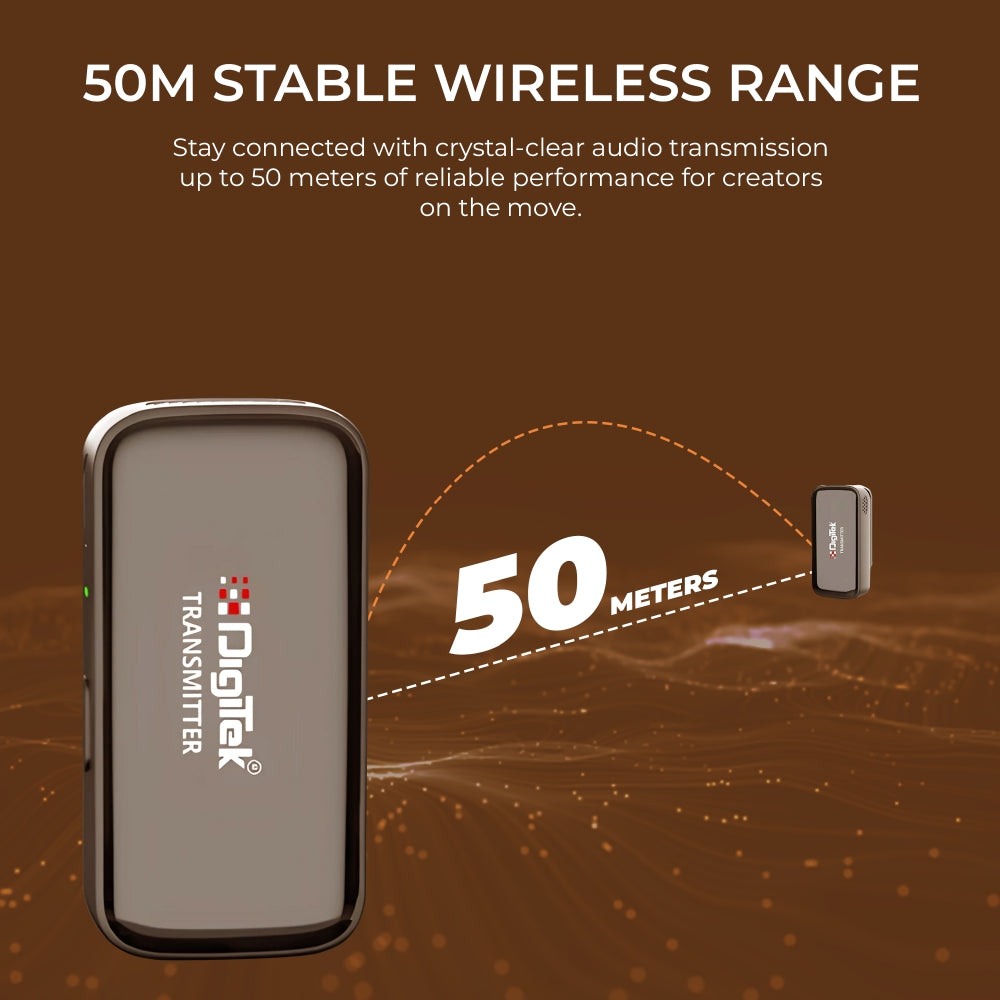 نظام ميكروفون لاسلكي Digitek (DWM 120)، مزود بخاصية تقليل الضوضاء، وميكروفون بتردد 2.4 جيجاهرتز بمدى يصل إلى 50 مترًا وبطارية تدوم 4.5 ساعات، متوافق مع هواتف iPhone وAndroid الذكية، مثالي لمدونات الفيديو والبث المباشر والمقابلات