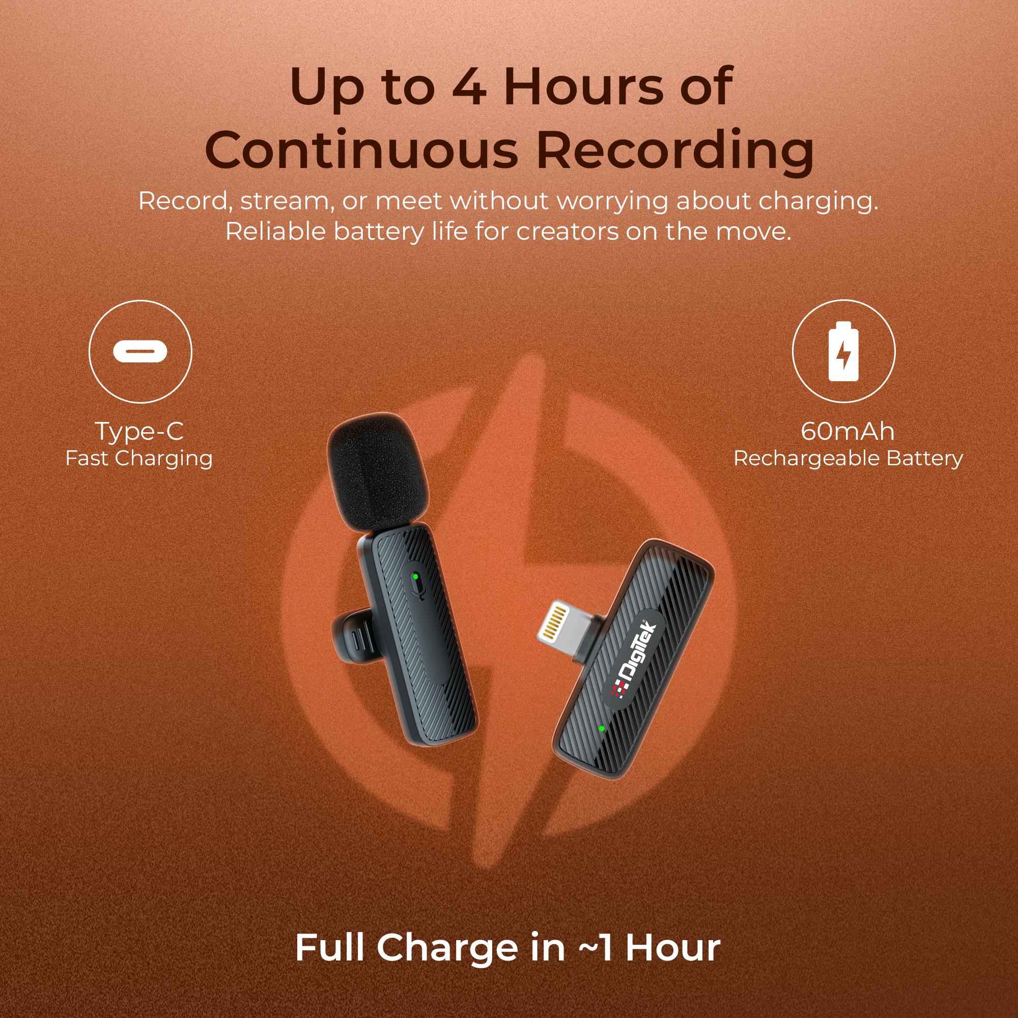 Digitek® (DWM-007 PRO) Wireless Microphone & Receiver with Lightning Connector, 2.4GHz Frequency, 4Hr Battery, 20m Range, Compatible with iPhone & iPad, For Voice Recording, Interview & Live Streaming, for iPhone X/11/12/13/14 Series