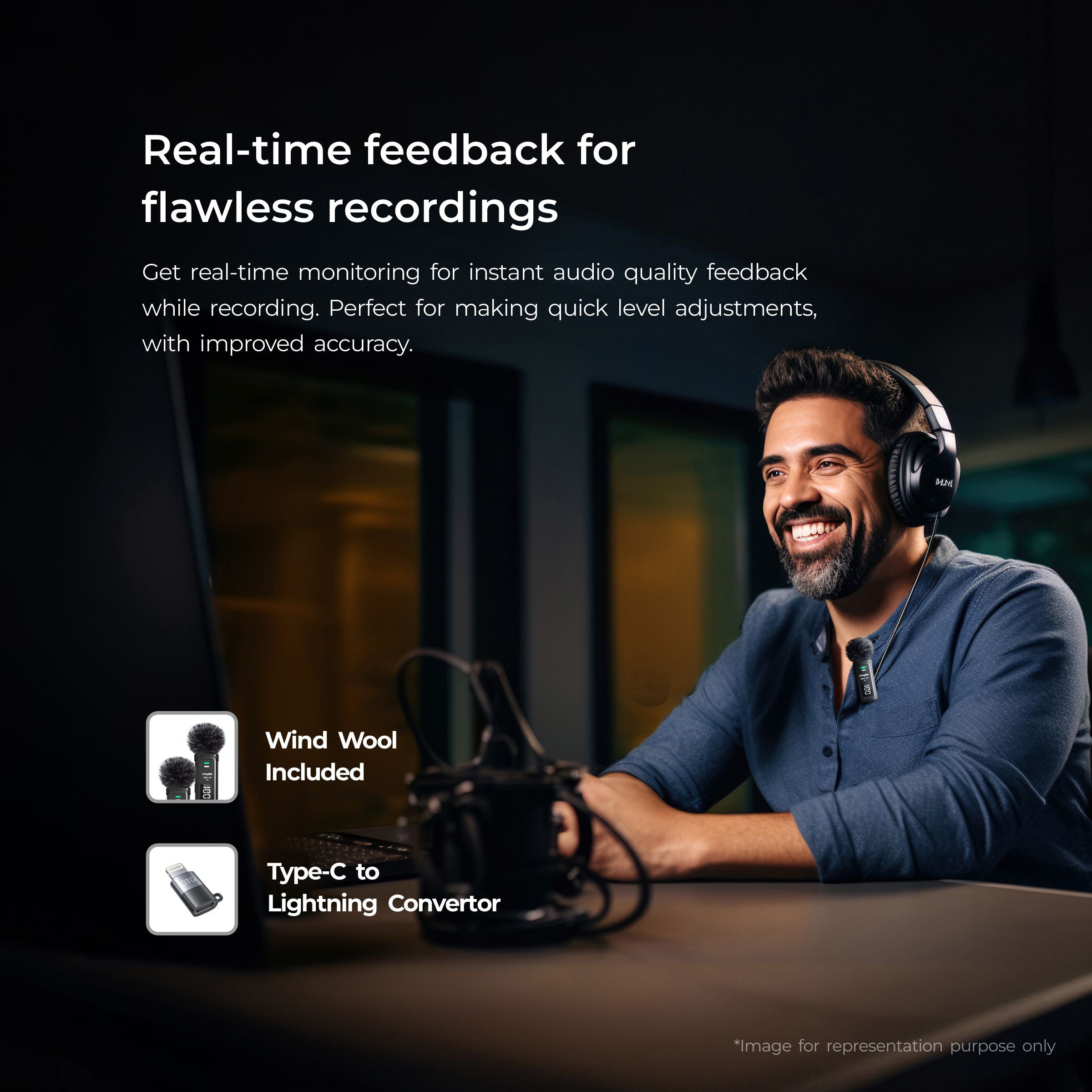 نظام ميكروفون لاسلكي ثنائي الوظائف Digitek® DWM-109، مدى 50 مترًا، بطارية تدوم 7 ساعات، محول من النوع C إلى Lightning، 2.4 جيجاهرتز، خاصية تقليل الضوضاء، متوافق مع أجهزة Android وiPhone، لتسجيل الاجتماعات والمقابلات والمزيد