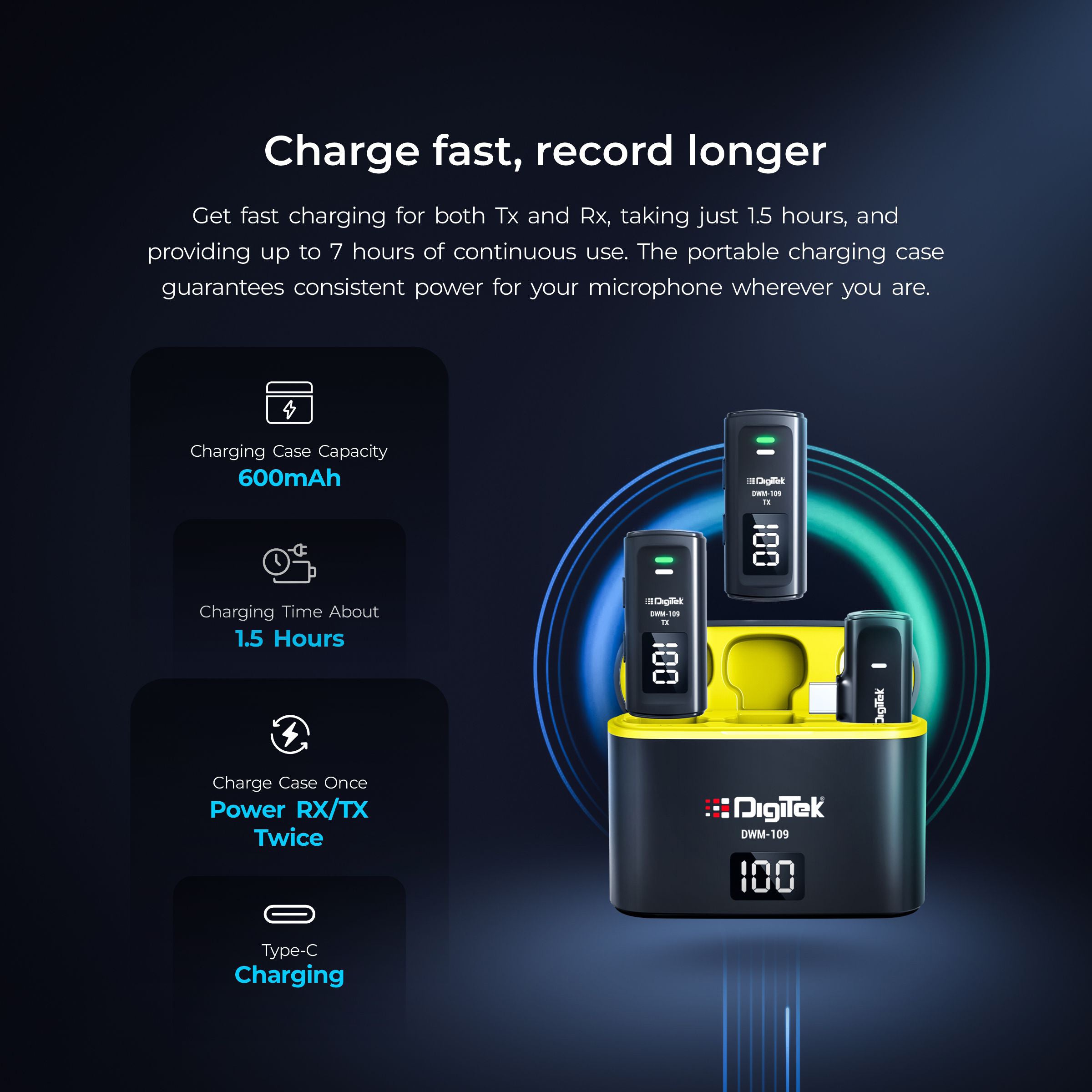 نظام ميكروفون لاسلكي ثنائي الوظائف Digitek® DWM-109، مدى 50 مترًا، بطارية تدوم 7 ساعات، محول من النوع C إلى Lightning، 2.4 جيجاهرتز، خاصية تقليل الضوضاء، متوافق مع أجهزة Android وiPhone، لتسجيل الاجتماعات والمقابلات والمزيد
