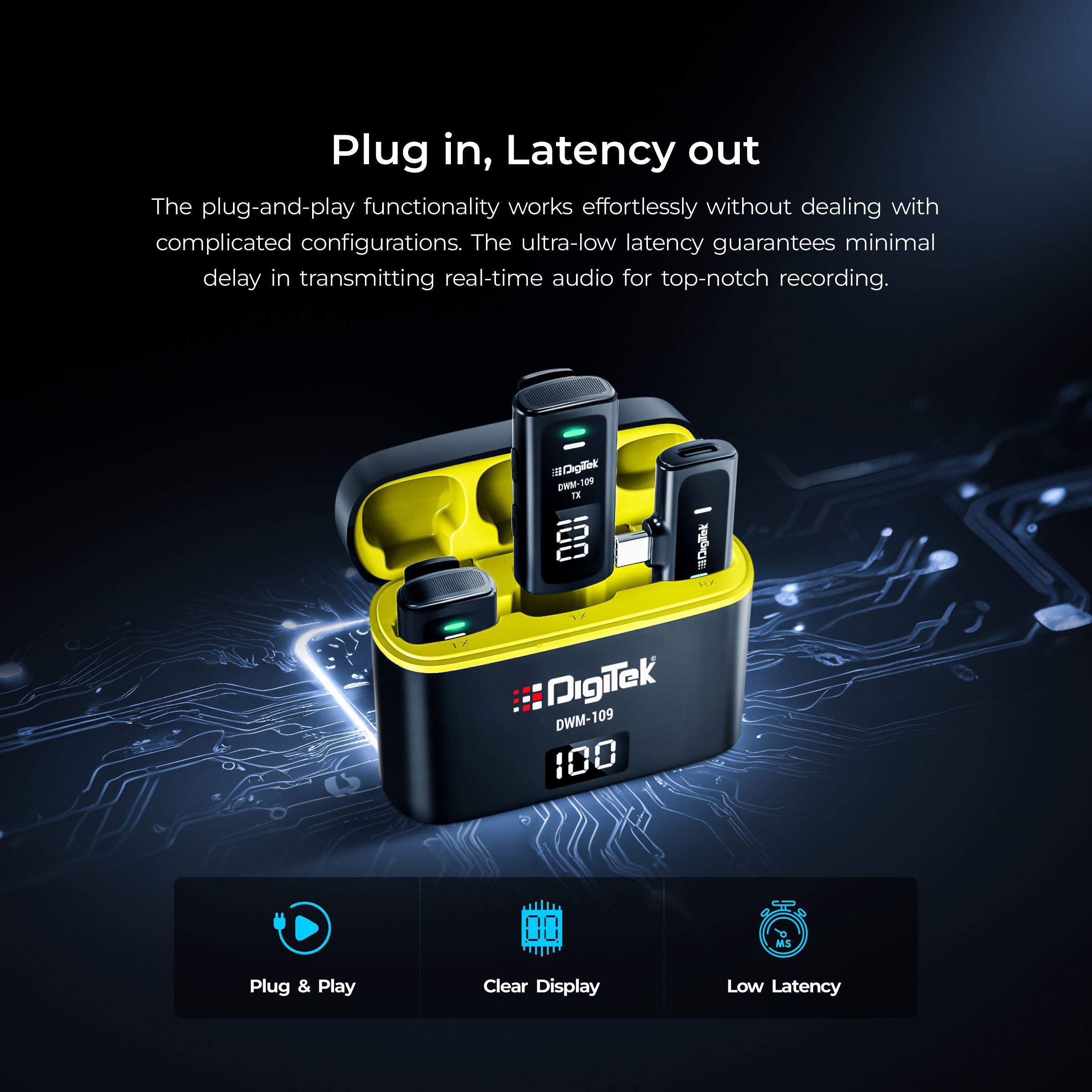 نظام ميكروفون لاسلكي ثنائي الوظائف Digitek® DWM-109، مدى 50 مترًا، بطارية تدوم 7 ساعات، محول من النوع C إلى Lightning، 2.4 جيجاهرتز، خاصية تقليل الضوضاء، متوافق مع أجهزة Android وiPhone، لتسجيل الاجتماعات والمقابلات والمزيد