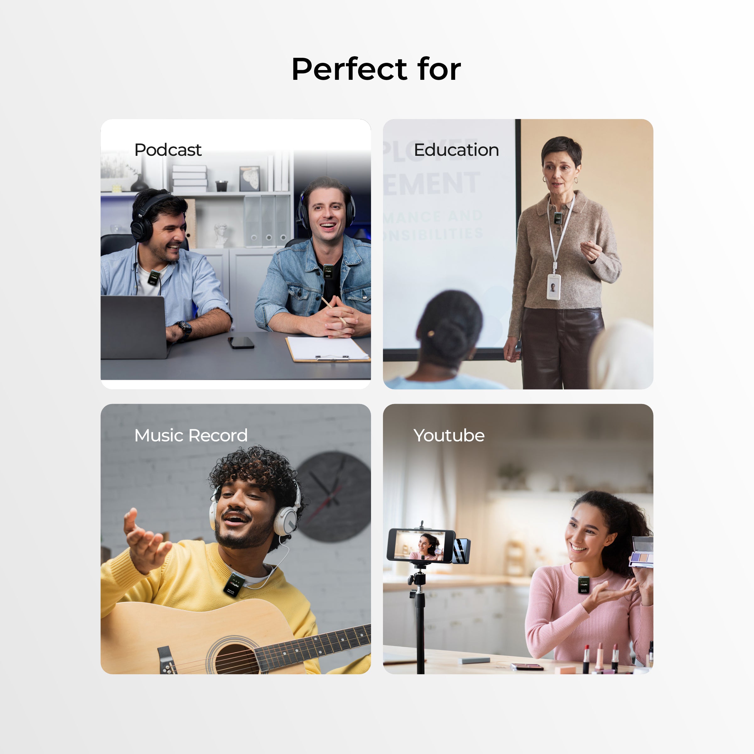 نظام ميكروفون لاسلكي ثنائي الوظائف من ديجيتك® (DWM-110) بتردد 2.4 جيجاهرتز، مدى يصل إلى 50 مترًا، مدة تشغيل تصل إلى 8 ساعات، سهل الاستخدام، مزود بخاصية إلغاء الضوضاء، متوافق مع أجهزة أندرويد/آيفون، مثالي لمدونات الفيديو والاجتماعات وتصوير الفيديو.