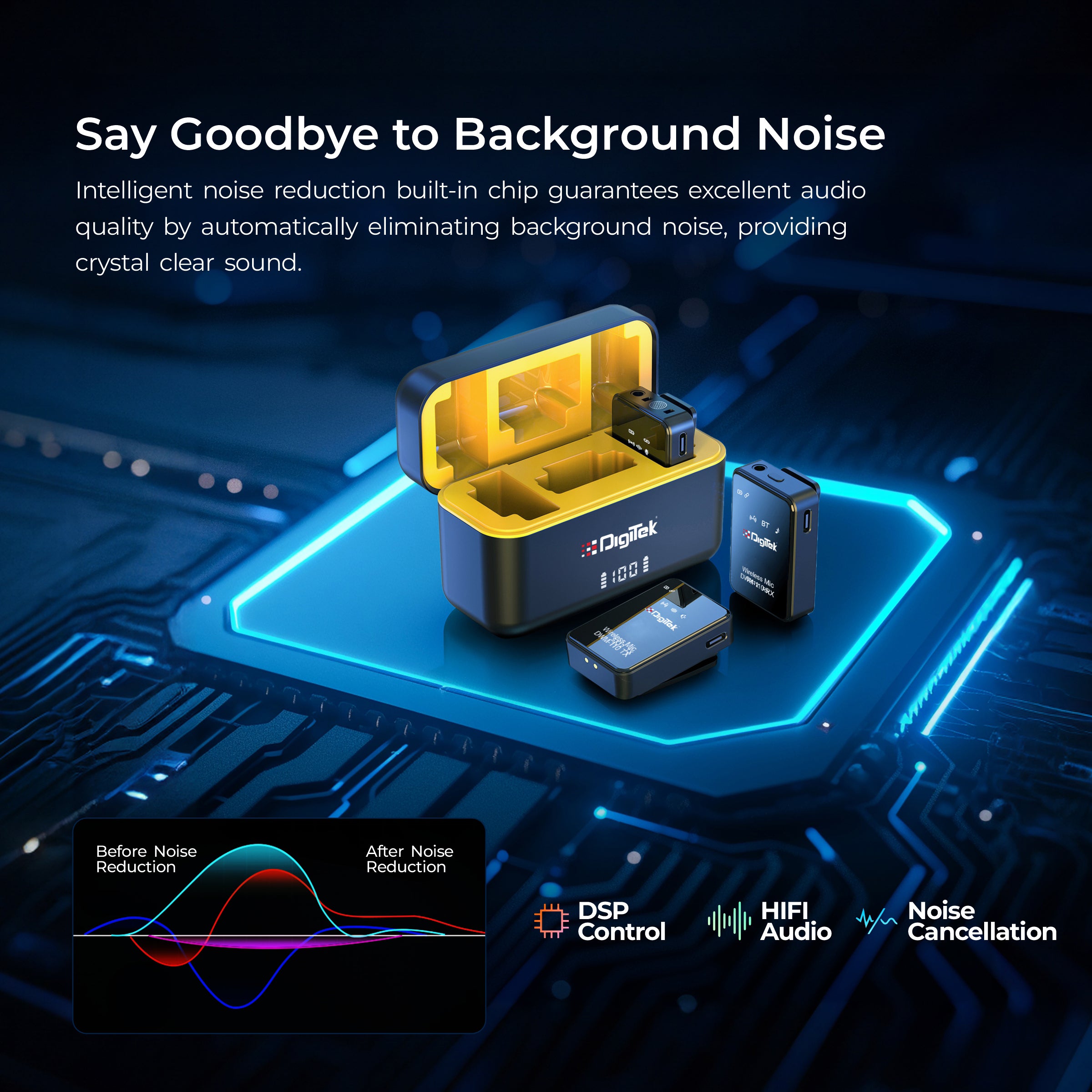 نظام ميكروفون لاسلكي ثنائي الوظائف من ديجيتك® (DWM-110) بتردد 2.4 جيجاهرتز، مدى يصل إلى 50 مترًا، مدة تشغيل تصل إلى 8 ساعات، سهل الاستخدام، مزود بخاصية إلغاء الضوضاء، متوافق مع أجهزة أندرويد/آيفون، مثالي لمدونات الفيديو والاجتماعات وتصوير الفيديو.