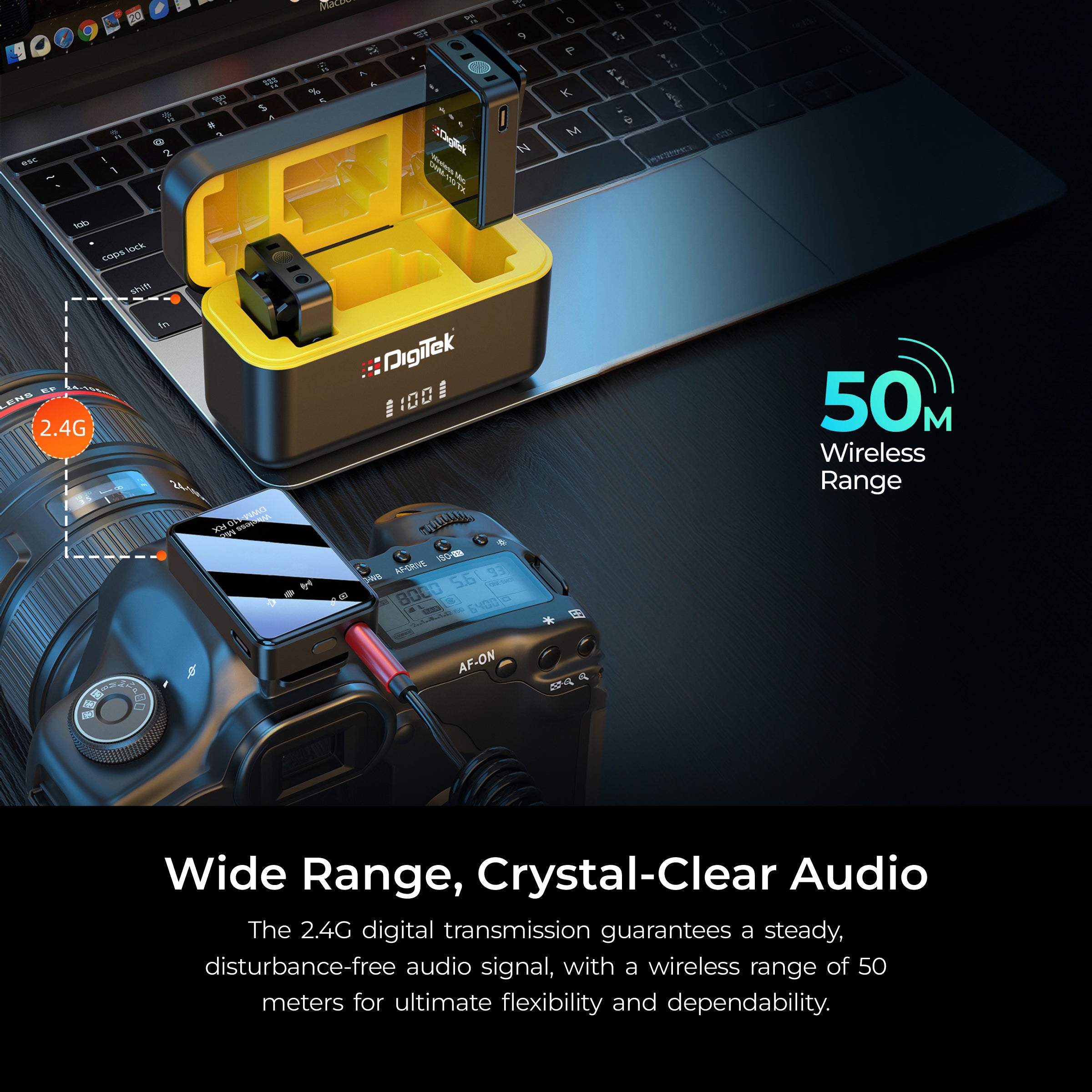 نظام ميكروفون لاسلكي ثنائي الوظائف من ديجيتك® (DWM-110) بتردد 2.4 جيجاهرتز، مدى يصل إلى 50 مترًا، مدة تشغيل تصل إلى 8 ساعات، سهل الاستخدام، مزود بخاصية إلغاء الضوضاء، متوافق مع أجهزة أندرويد/آيفون، مثالي لمدونات الفيديو والاجتماعات وتصوير الفيديو.