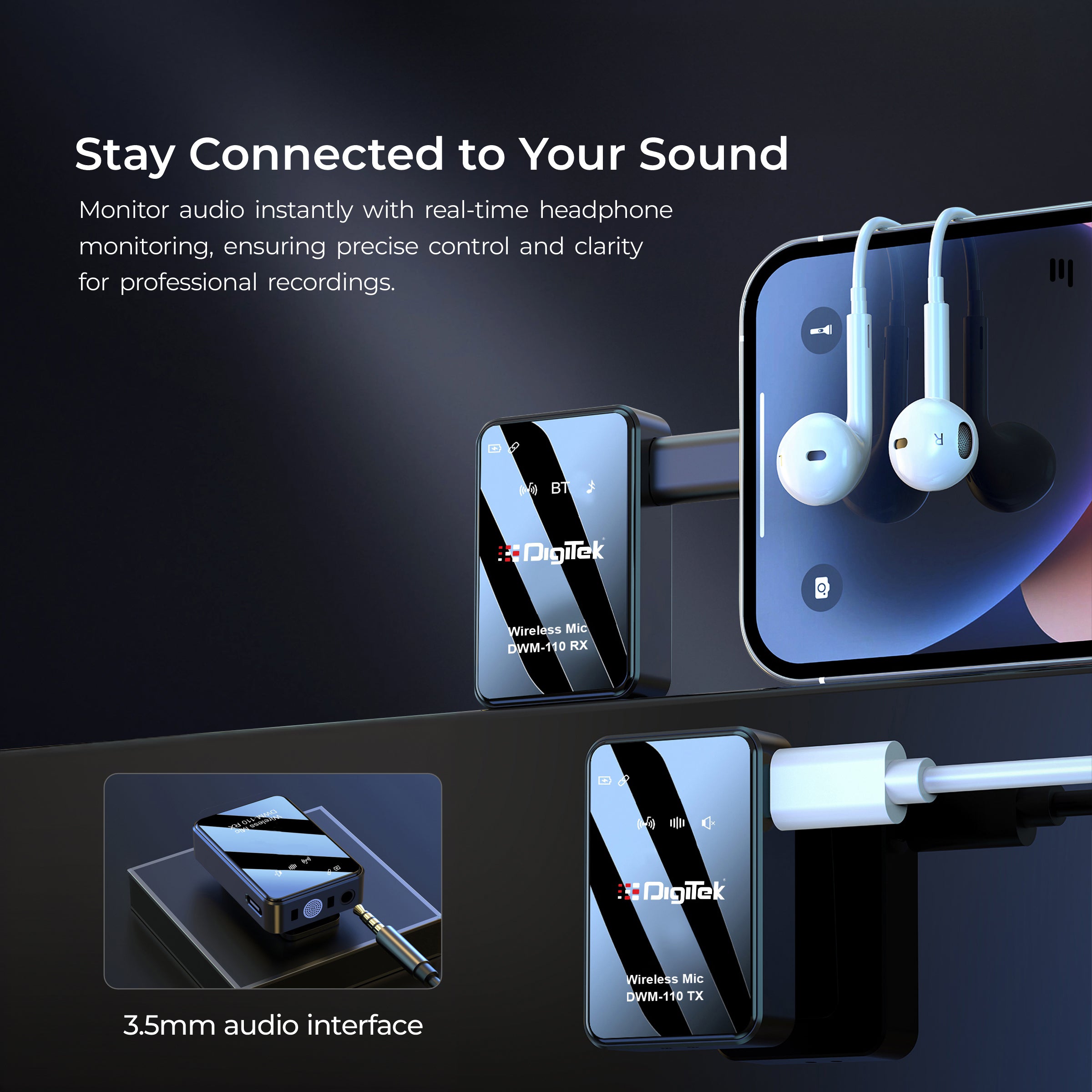 نظام ميكروفون لاسلكي ثنائي الوظائف من ديجيتك® (DWM-110) بتردد 2.4 جيجاهرتز، مدى يصل إلى 50 مترًا، مدة تشغيل تصل إلى 8 ساعات، سهل الاستخدام، مزود بخاصية إلغاء الضوضاء، متوافق مع أجهزة أندرويد/آيفون، مثالي لمدونات الفيديو والاجتماعات وتصوير الفيديو.