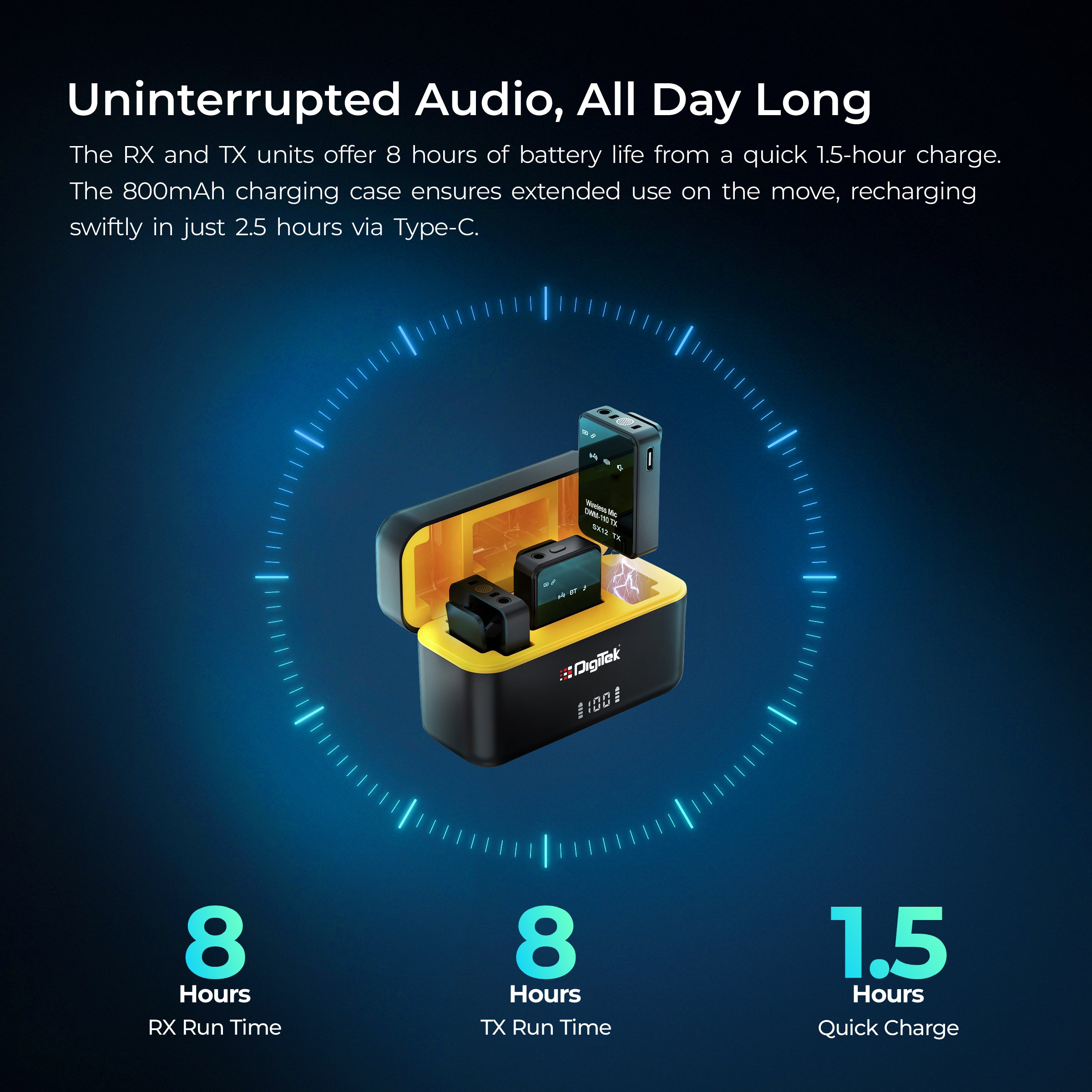 نظام ميكروفون لاسلكي ثنائي الوظائف من ديجيتك® (DWM-110) بتردد 2.4 جيجاهرتز، مدى يصل إلى 50 مترًا، مدة تشغيل تصل إلى 8 ساعات، سهل الاستخدام، مزود بخاصية إلغاء الضوضاء، متوافق مع أجهزة أندرويد/آيفون، مثالي لمدونات الفيديو والاجتماعات وتصوير الفيديو.