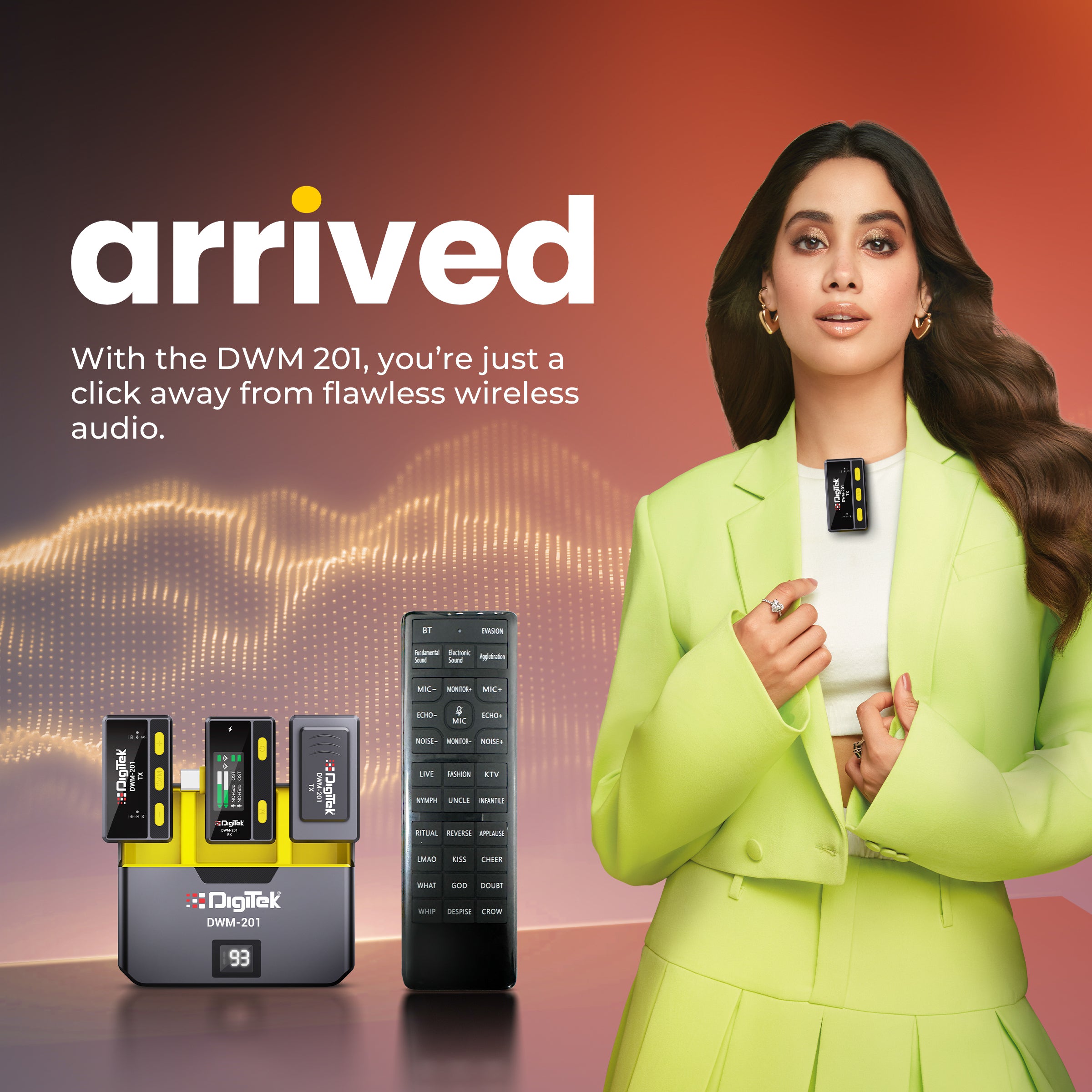 نظام ميكروفون لاسلكي Digitek DWM-201 مع جهاز تحكم عن بعد وخاصية إلغاء الضوضاء، 12 مؤثرًا صوتيًا، 3 أوضاع صوتية، مدى يصل إلى 50 مترًا، يُستخدم مع أجهزة iPhone/Android وكاميرات DSLR لتسجيل الفيديوهات والمقابلات والبودكاست.