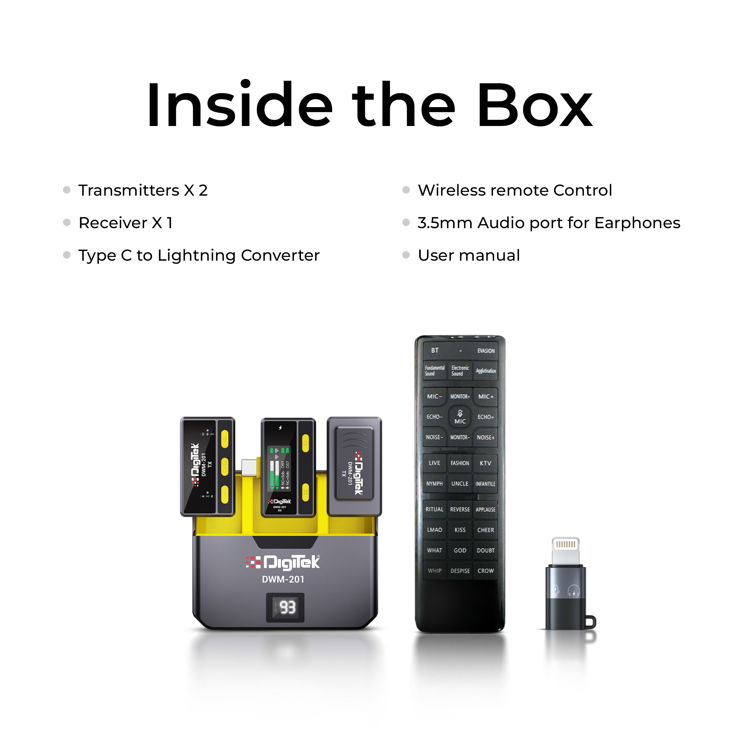 نظام ميكروفون لاسلكي Digitek DWM-201 مع جهاز تحكم عن بعد وخاصية إلغاء الضوضاء، 12 مؤثرًا صوتيًا، 3 أوضاع صوتية، مدى يصل إلى 50 مترًا، يُستخدم مع أجهزة iPhone/Android وكاميرات DSLR لتسجيل الفيديوهات والمقابلات والبودكاست.