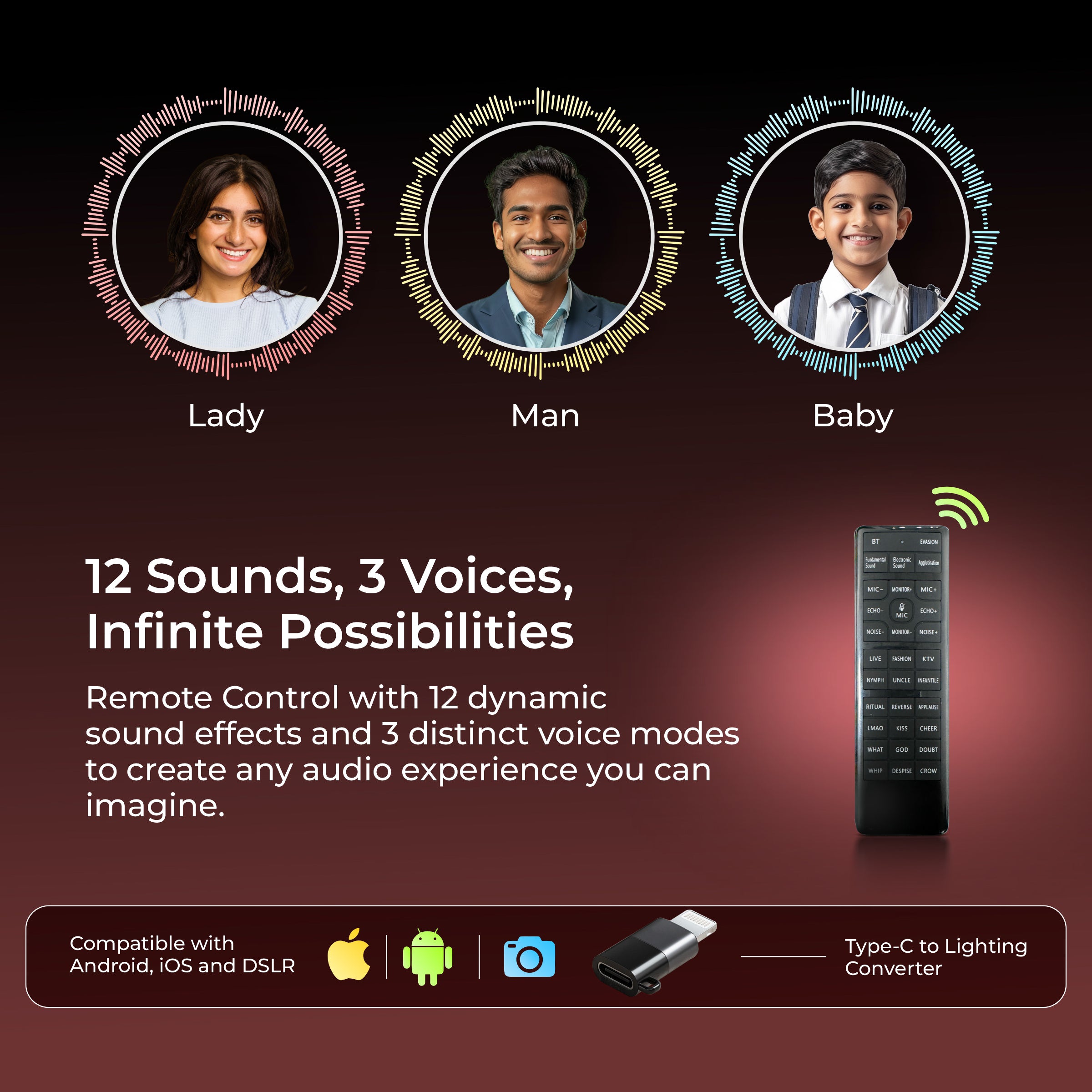 نظام ميكروفون لاسلكي Digitek DWM-201 مع جهاز تحكم عن بعد وخاصية إلغاء الضوضاء، 12 مؤثرًا صوتيًا، 3 أوضاع صوتية، مدى يصل إلى 50 مترًا، يُستخدم مع أجهزة iPhone/Android وكاميرات DSLR لتسجيل الفيديوهات والمقابلات والبودكاست.