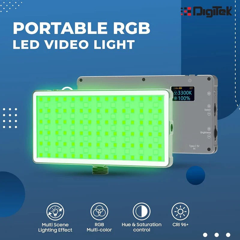 مصباح LED من ديجيتك® (LED-D135 N ML) بقوة 12 واط، هيكل معدني، إضاءة RGB LED مع شاشة OLED، سطوع قابل للتعديل وتحكم في الألوان بزاوية 360 درجة، شحن USB-C، 21 تأثيرًا مُعدًا مسبقًا، إضاءة متعددة المشاهد لتصوير الصور والفيديو.