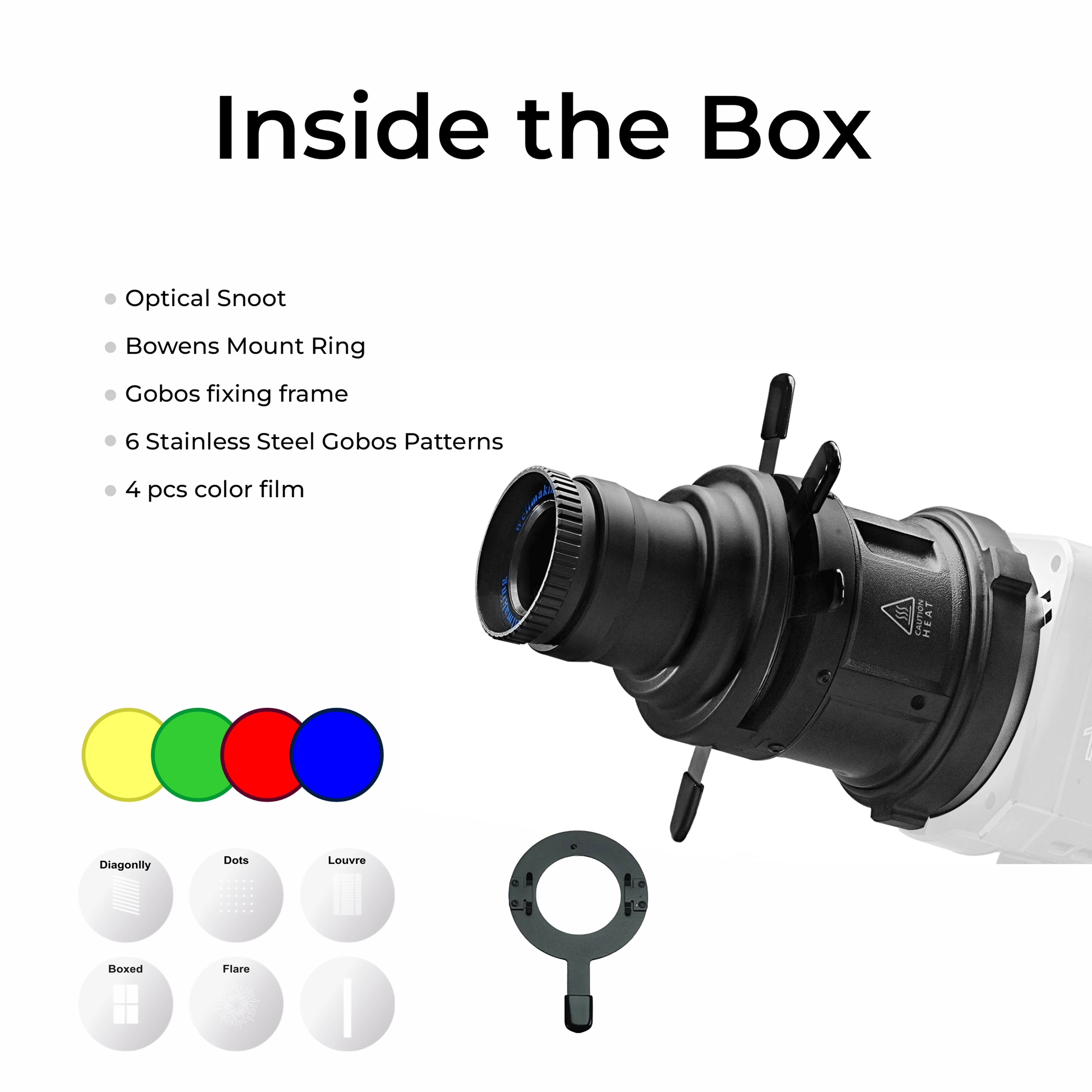 مجموعة جهاز عرض ضوئي Digitek (DS-240) Bowens Mount Optical Snoot مع إطار Gobo و 4 أفلام ملونة، و 6 أنماط Gobo من الفولاذ المقاوم للصدأ، وعدسة 38 درجة لأضواء LED، وعرض صورة حاد، ومناسب لأضواء LED المستمرة.