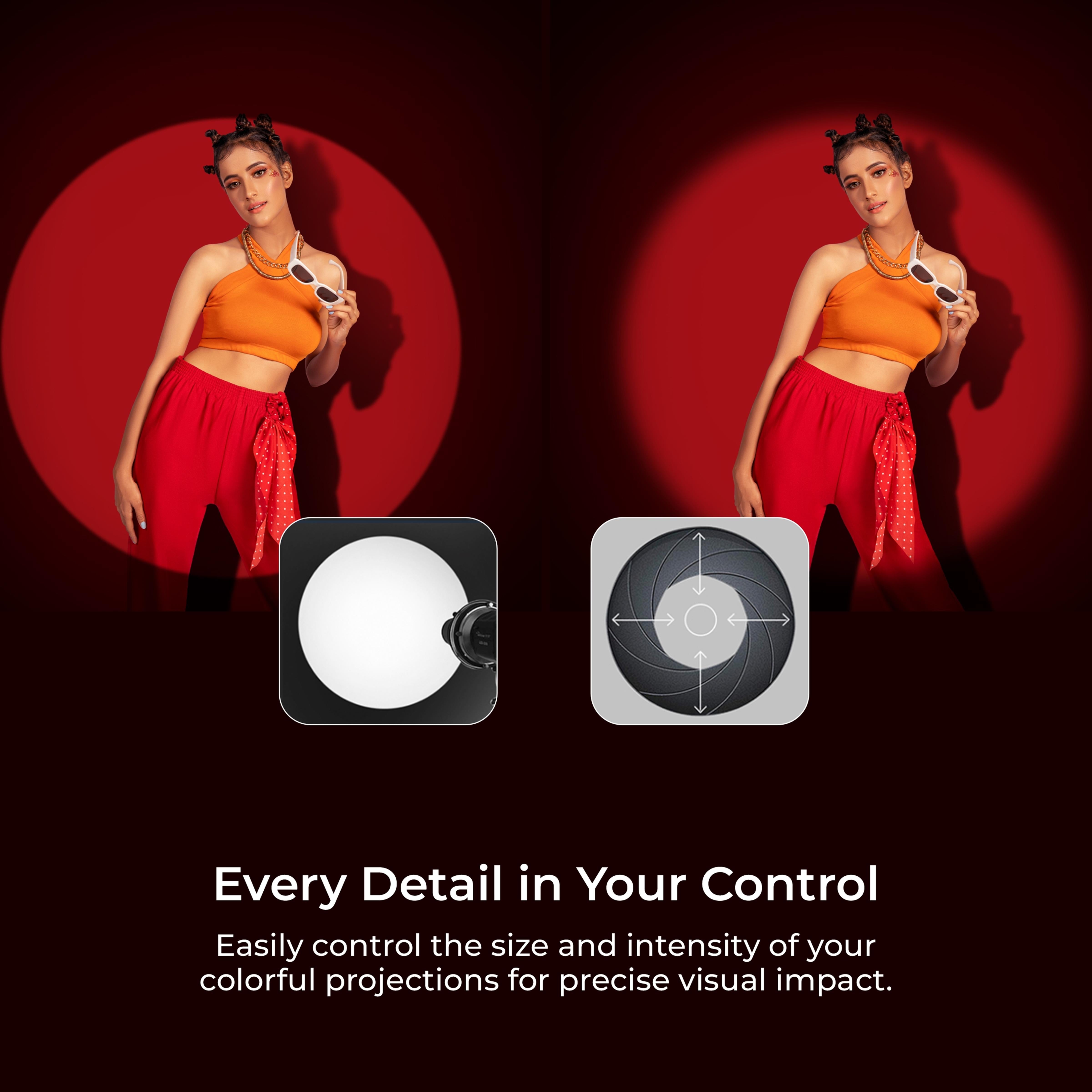 مجموعة جهاز عرض ضوئي Digitek (DS-240) Bowens Mount Optical Snoot مع إطار Gobo و 4 أفلام ملونة، و 6 أنماط Gobo من الفولاذ المقاوم للصدأ، وعدسة 38 درجة لأضواء LED، وعرض صورة حاد، ومناسب لأضواء LED المستمرة.