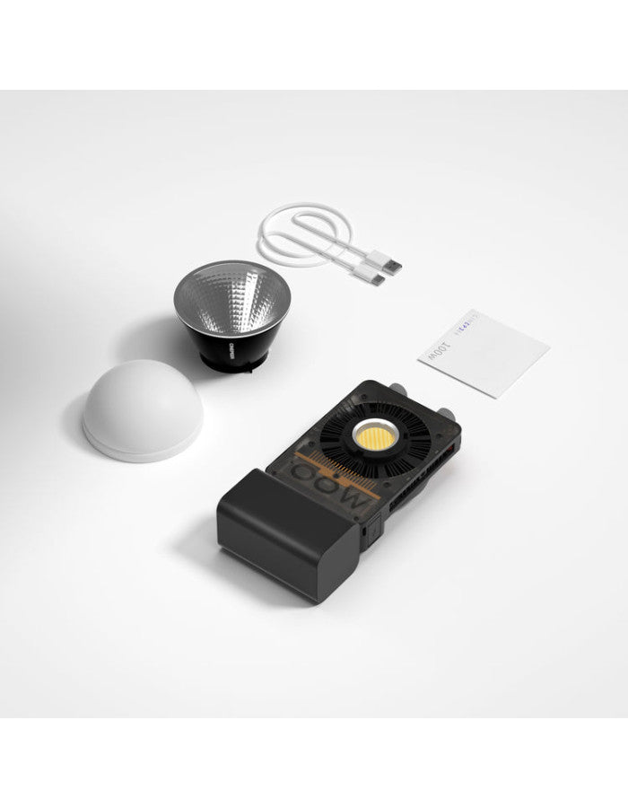 مصباح فيديو LED بقوة 100 واط من زيون سينيبير CX100 مزود ببطارية مدمجة سعة 4500 مللي أمبير، وإضاءة ثنائية اللون بتقنية COB مستمرة تتراوح درجة حرارتها بين 2700 و6500 كلفن، مناسب لصناعة الأفلام والبث المباشر وتصوير الفيديو والتصوير الفوتوغرافي في الاستوديو.