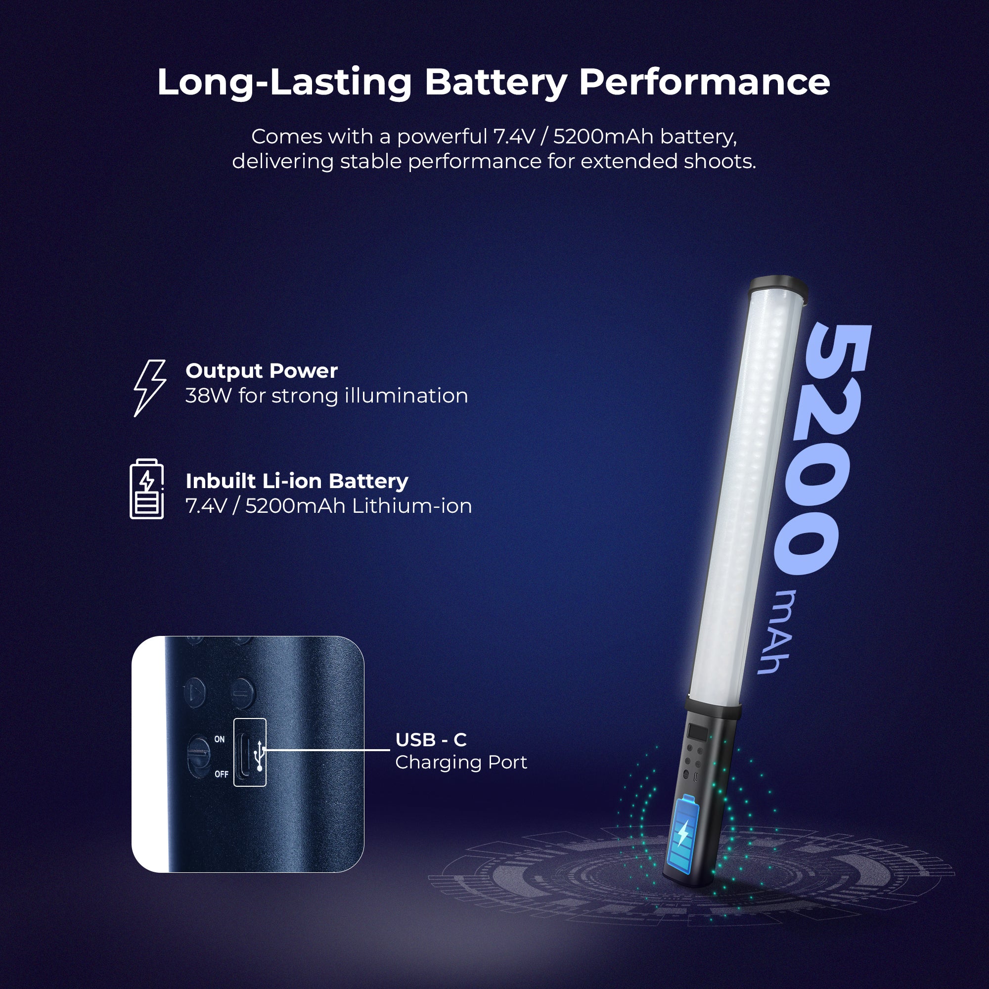 عصا إضاءة LED محمولة يدوية من Digitek (DSL 555 RGB) بقوة 38 واط، إضاءة فيديو بقوة 14200 لومن، درجة حرارة لون مزدوجة من 2500 كلفن إلى 9900 كلفن، تحكم عبر تطبيق، شاشة OLED و24 وضعًا للتأثيرات، تدعم التصوير الفوتوغرافي والفيديو الاحترافي