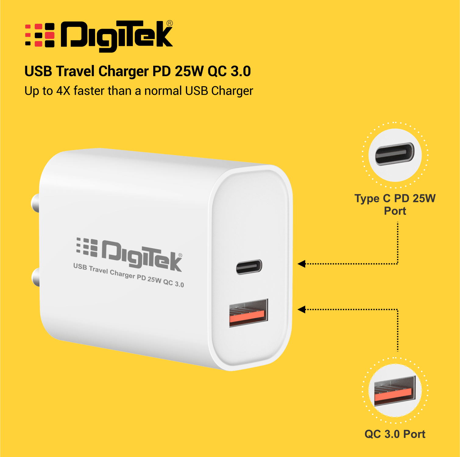 Digitek (DMQC PD25W) 25W USB-C PD & QC Power Delivery PD3.0 Dual Port Fast Wall Charger for Lightning and Type-C Devices DMQC PD25W - Digitek