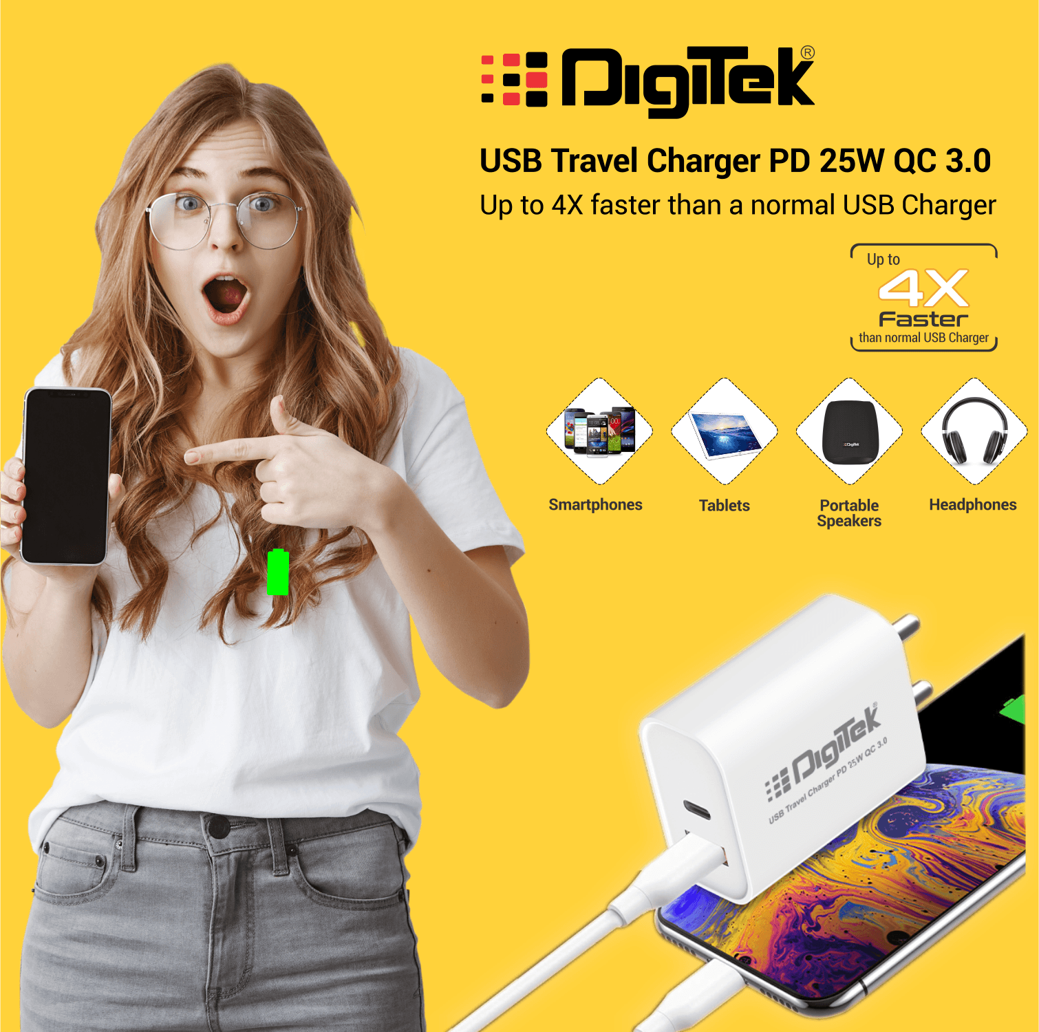 Digitek (DMQC PD25W) 25W USB-C PD & QC Power Delivery PD3.0 Dual Port Fast Wall Charger for Lightning and Type-C Devices DMQC PD25W - Digitek
