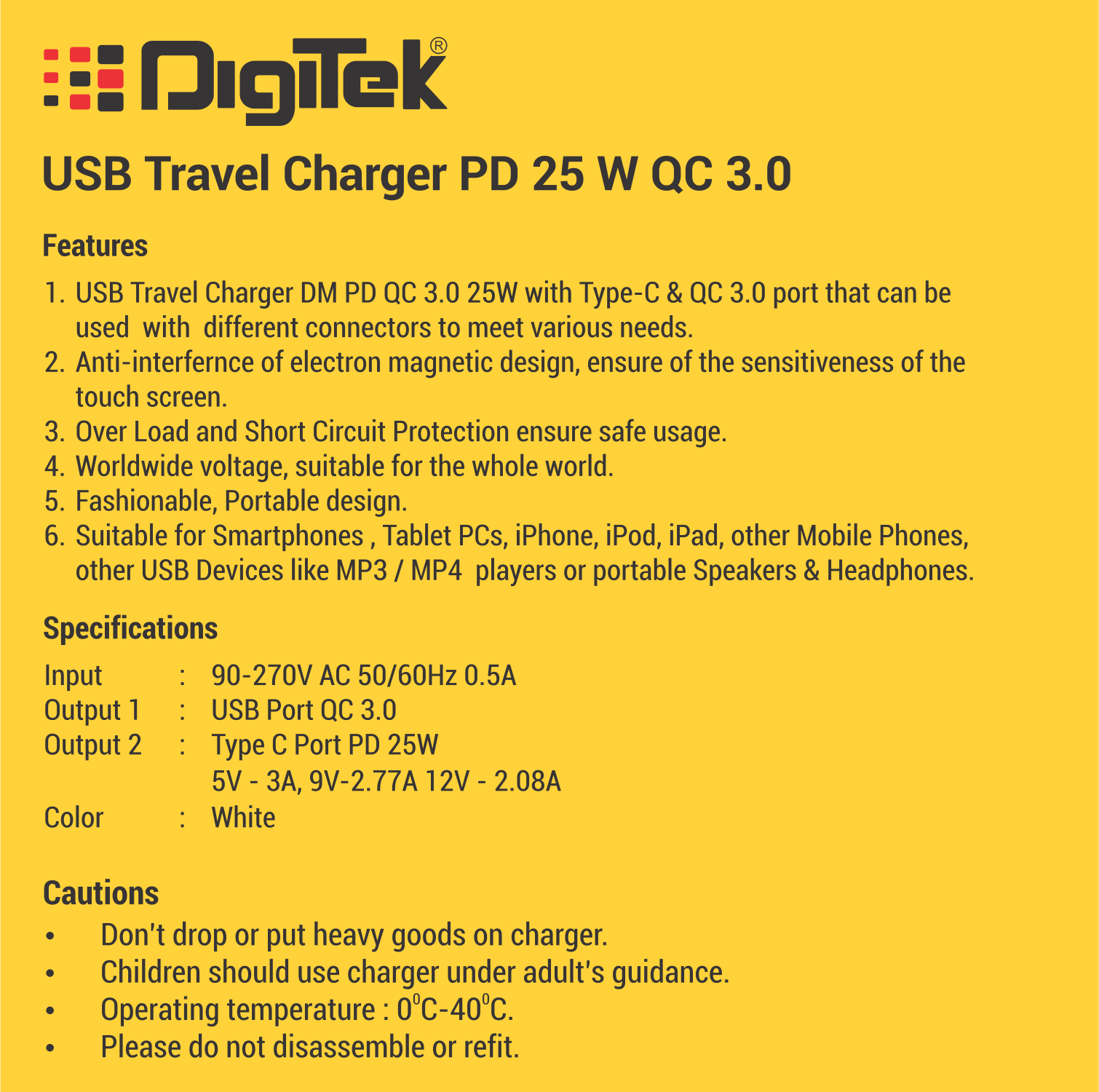 Digitek (DMQC PD25W) 25W USB-C PD & QC Power Delivery PD3.0 Dual Port Fast Wall Charger for Lightning and Type-C Devices DMQC PD25W - Digitek