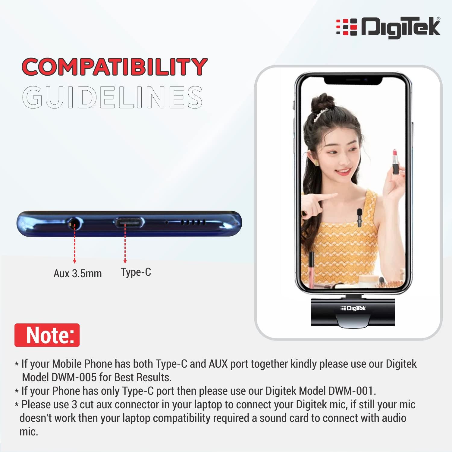 Digitek (DWM-001) Wireless Microphone & Receiver with Type C, Compatible for Noise Cancellation Mic Suitable for Vlog You Tube Live Streaming Video Recording and More - Digitek