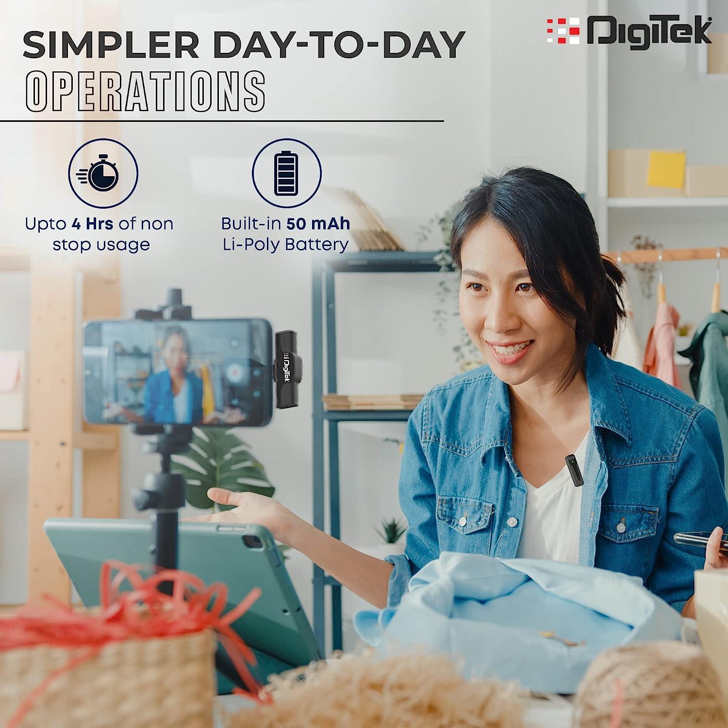 Digitek (DWM-001) Wireless Microphone & Receiver with Type C, Compatible for Noise Cancellation Mic Suitable for Vlog You Tube Live Streaming Video Recording and More - Digitek