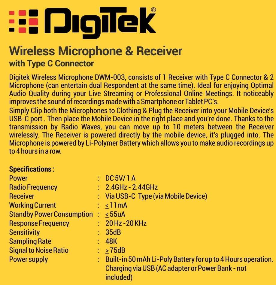 Digitek (DWM-003) 2 Unit Wireless Microphone & 1 Unit Receiver with Type C, Compatible for Noise Cancellation Mic Suitable for Vlog, YouTube, Live Streaming, Video Recording and More - Digitek