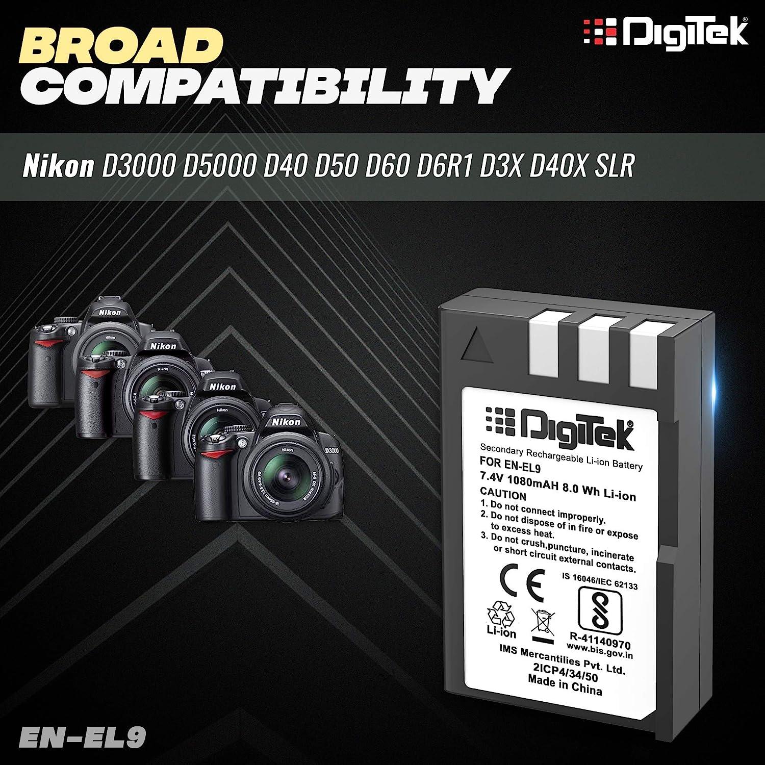 Digitek (ENEL9) 1080 mAh Secondary Rechargeable Battery Packs for Digital Camera, Compatibility - D3000, D5000, D40, D50, D60, D6R1, D3X, D40X, SLR - Digitek