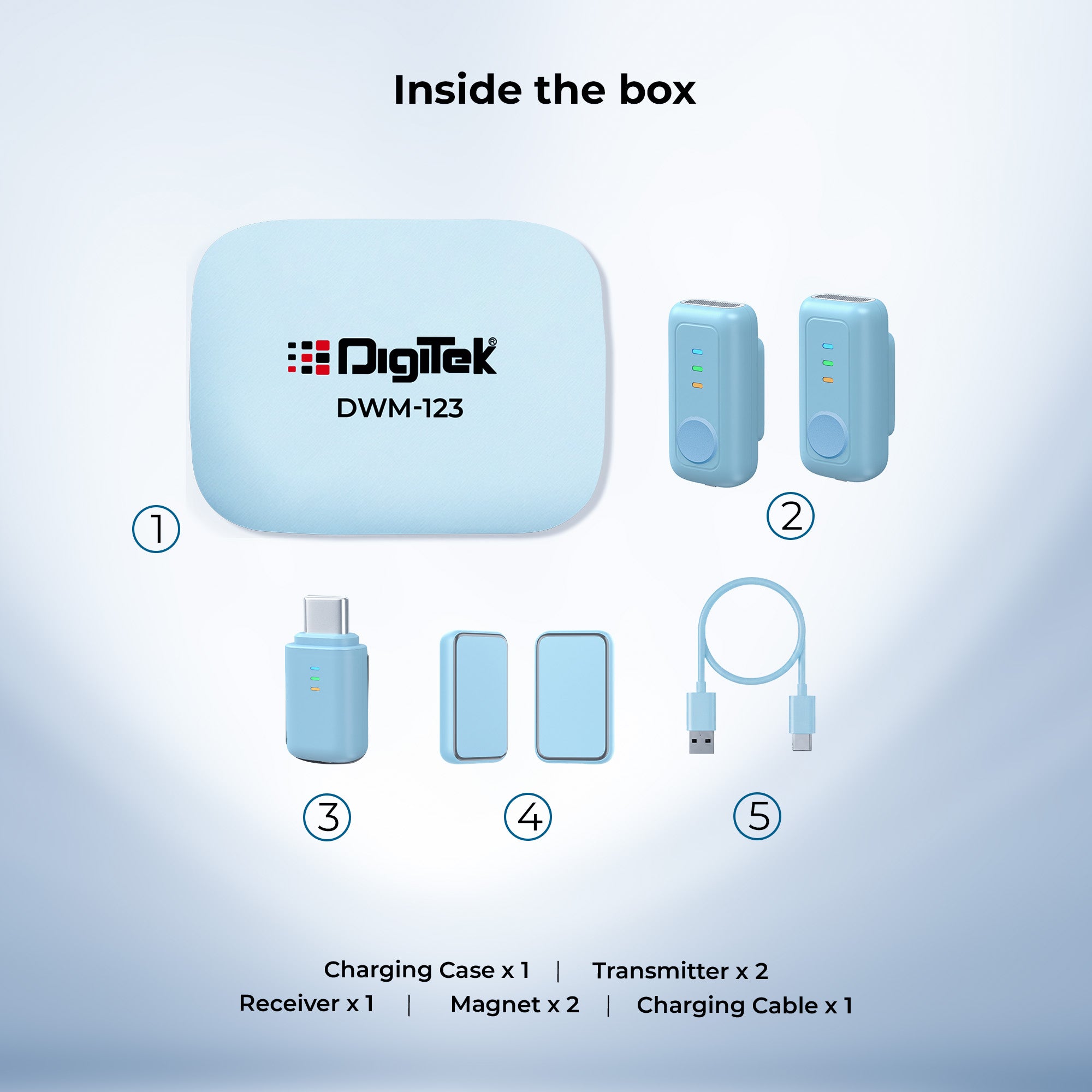 نظام ميكروفون لاسلكي Digitek (DWM 123) 2 في 1 مع علبة شحن ومشبك طوق مغناطيسي، وجهاز استقبال من النوع C لأجهزة iPhone 15 وما فوق، وهواتف Android، ومدى 60 مترًا، وميكروفون مدمج، للمبدعين ومدوني الفيديو (أزرق)