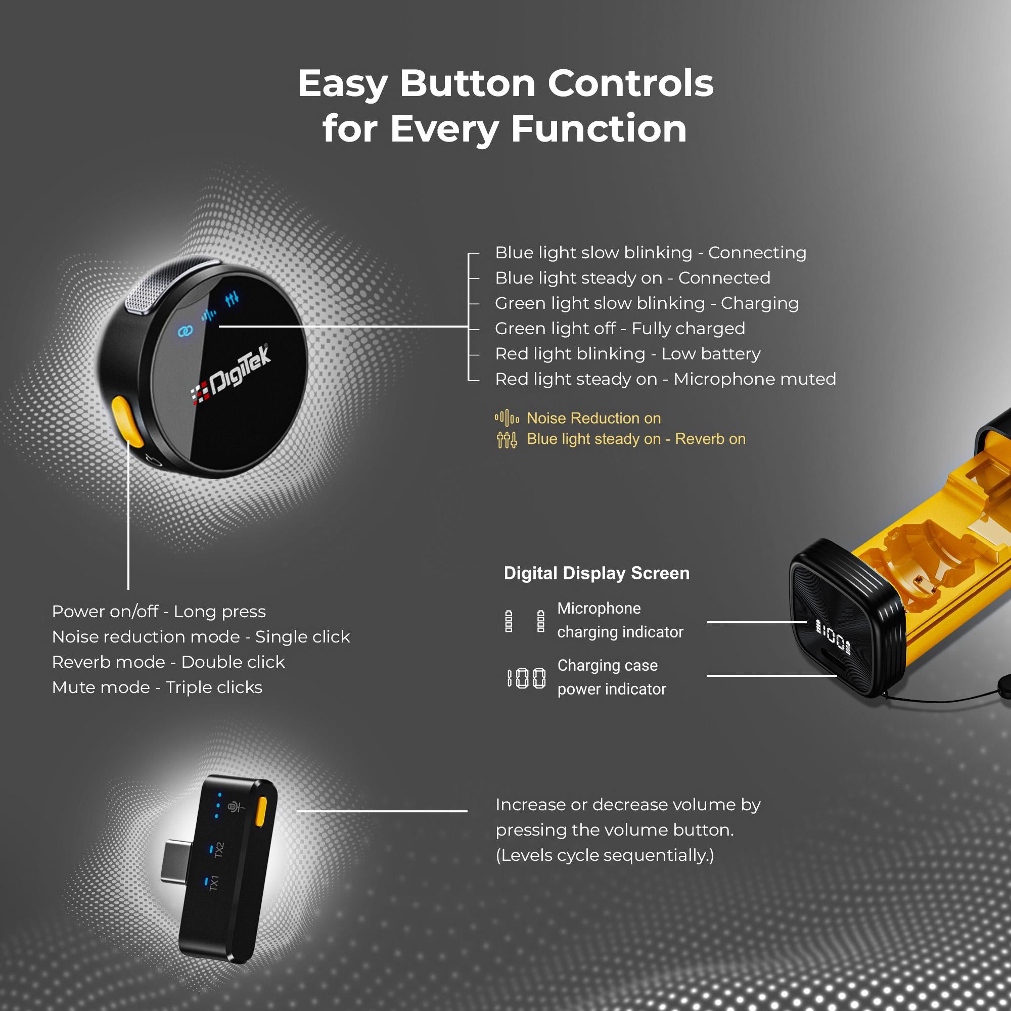 نظام ميكروفون لاسلكي ثنائي الوظائف من ديجيتك (DWM-124) لأجهزة آيفون 15 وما فوق وأجهزة أندرويد من النوع C، بمدى يصل إلى 80 مترًا، مع خاصية تقليل الضوضاء ووضع صدى الصوت، مثالي للمبدعين ومدوني الفيديو.