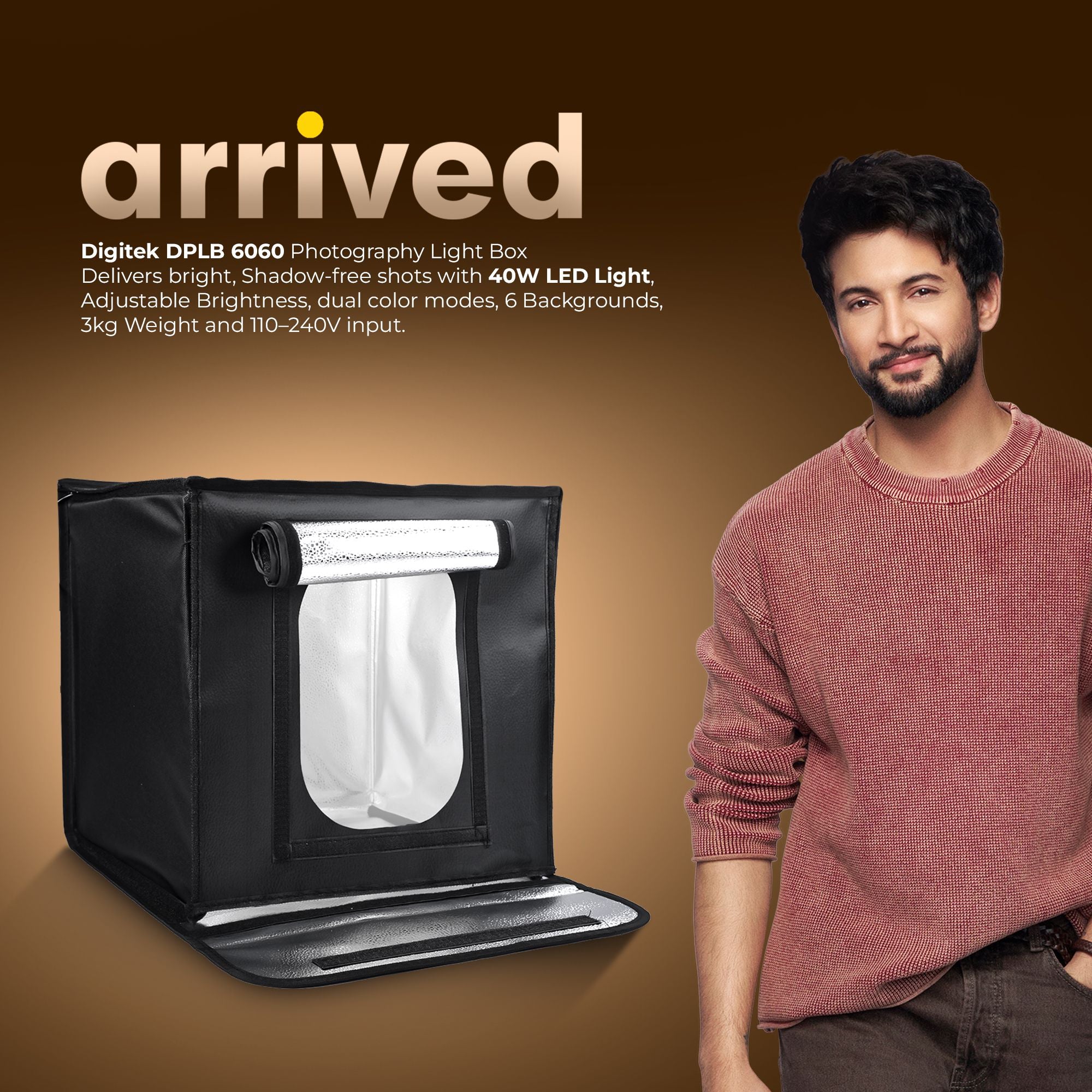 Digitek (DPLB 6060) Portable 40W Photo Studio Light Box, 60×60cm, 2700K–9900K Color Temp, Dual 144pcs LED Panels, 0–100% Dimming, 90 CRI, Shadow-Free, 6 Color PVC Backgrounds, For Product Photography