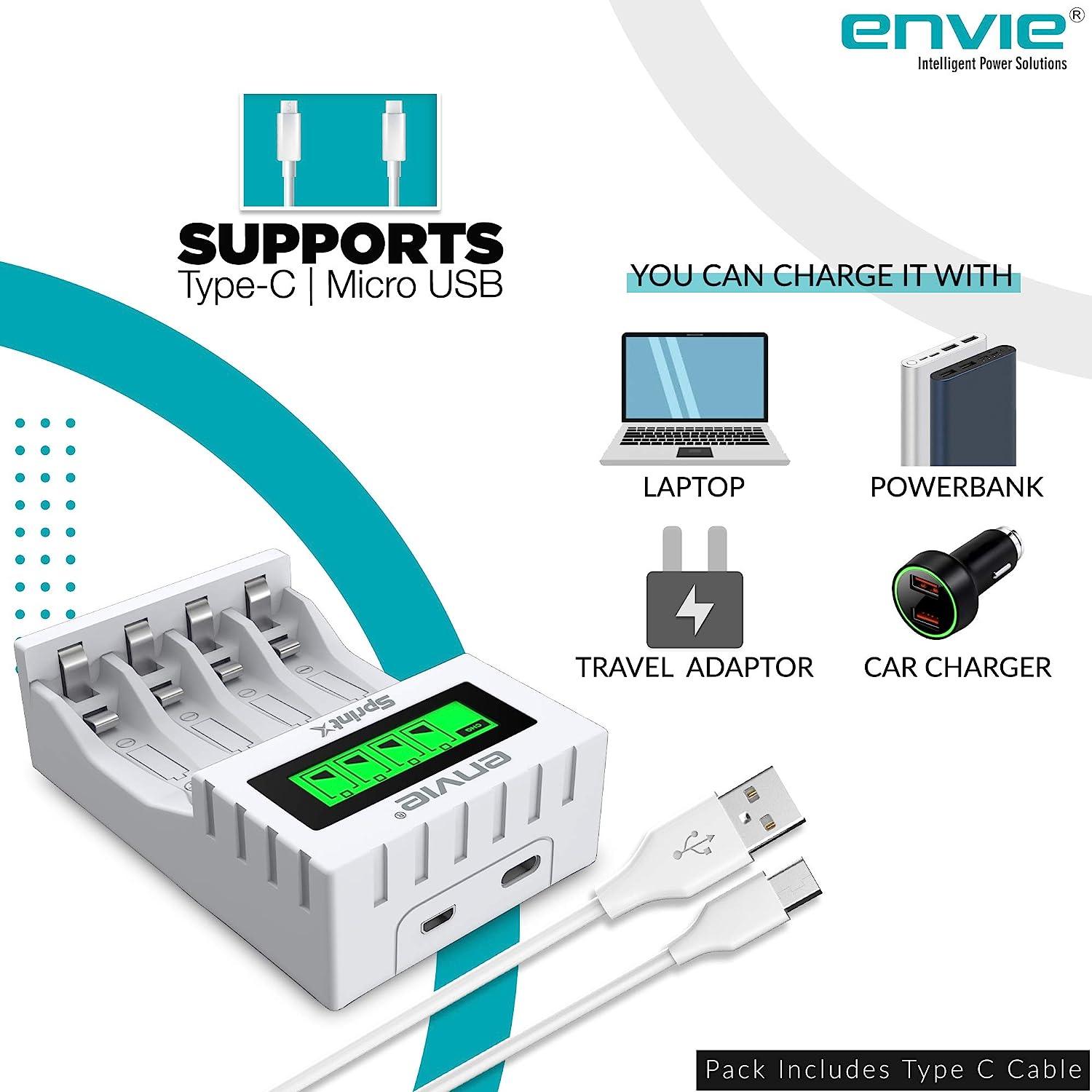 ENVIE (ECR 11 MC) SprintX Ultra Fast Charger for Rechargeable Batteries AA & AAA Ni-mh, with LCD Display, Smart Charge Control System - (White) - Digitek