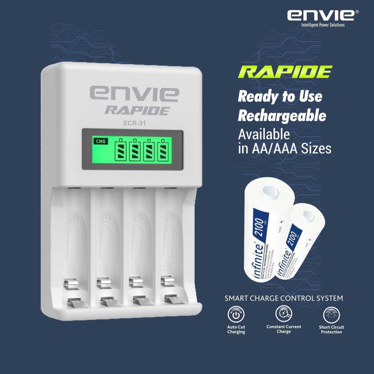 ENVIE (ECR-31) Rapide Ultra Fast Charger for Rechargeable Batteries AA & AAA Ni-mh, with LCD Display, Smart Charge Control System - Digitek