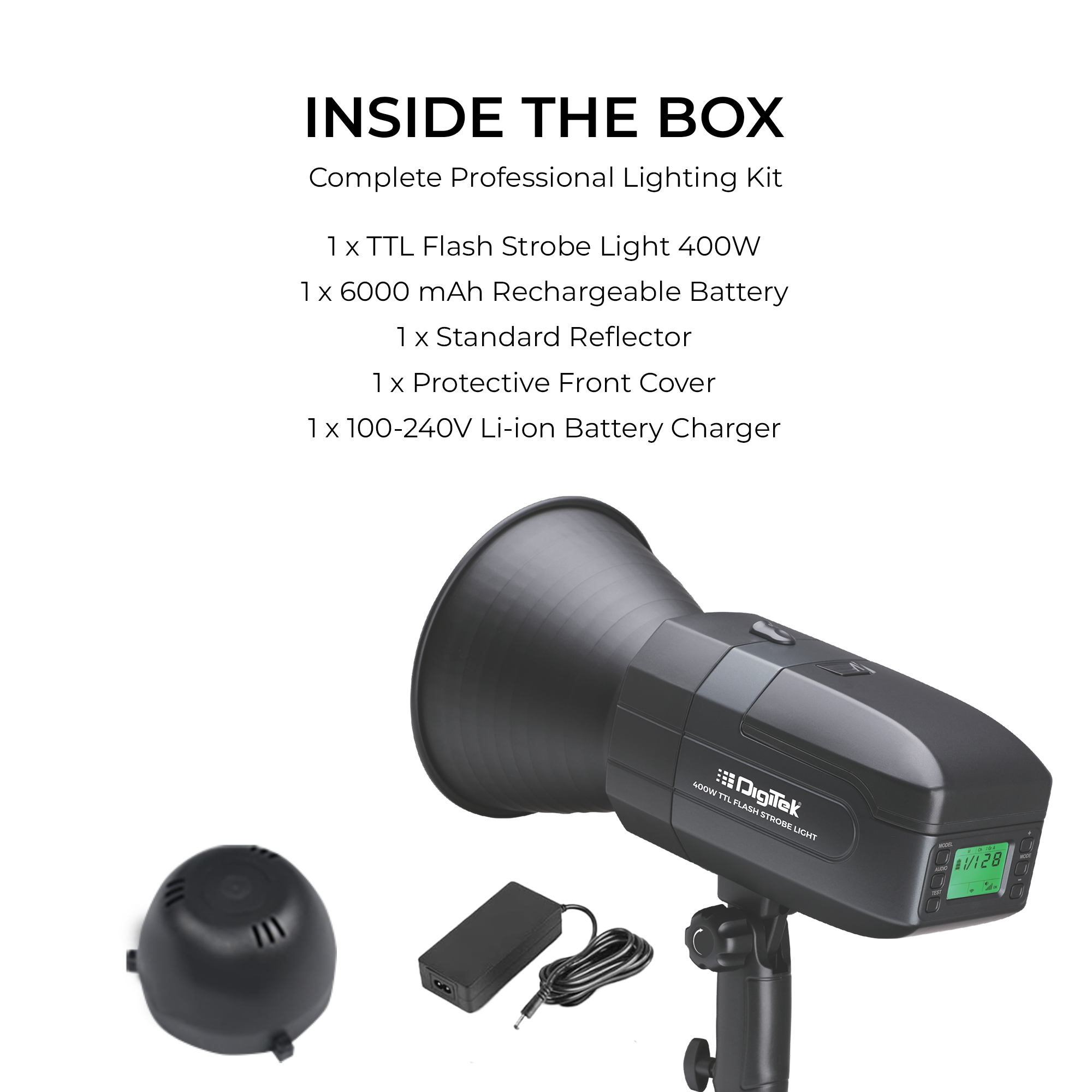 Digitek (DFL 400) High Speed 400W TTL Flash Strobe Light, Built-in TTL, 1/8000s HSS, 2.4G, 13W LED Modeling Lamp, Stroboscopic & Multi Flash, 5600K±200K, Fast Recycling, 500 Flashes, For Photo & Videography