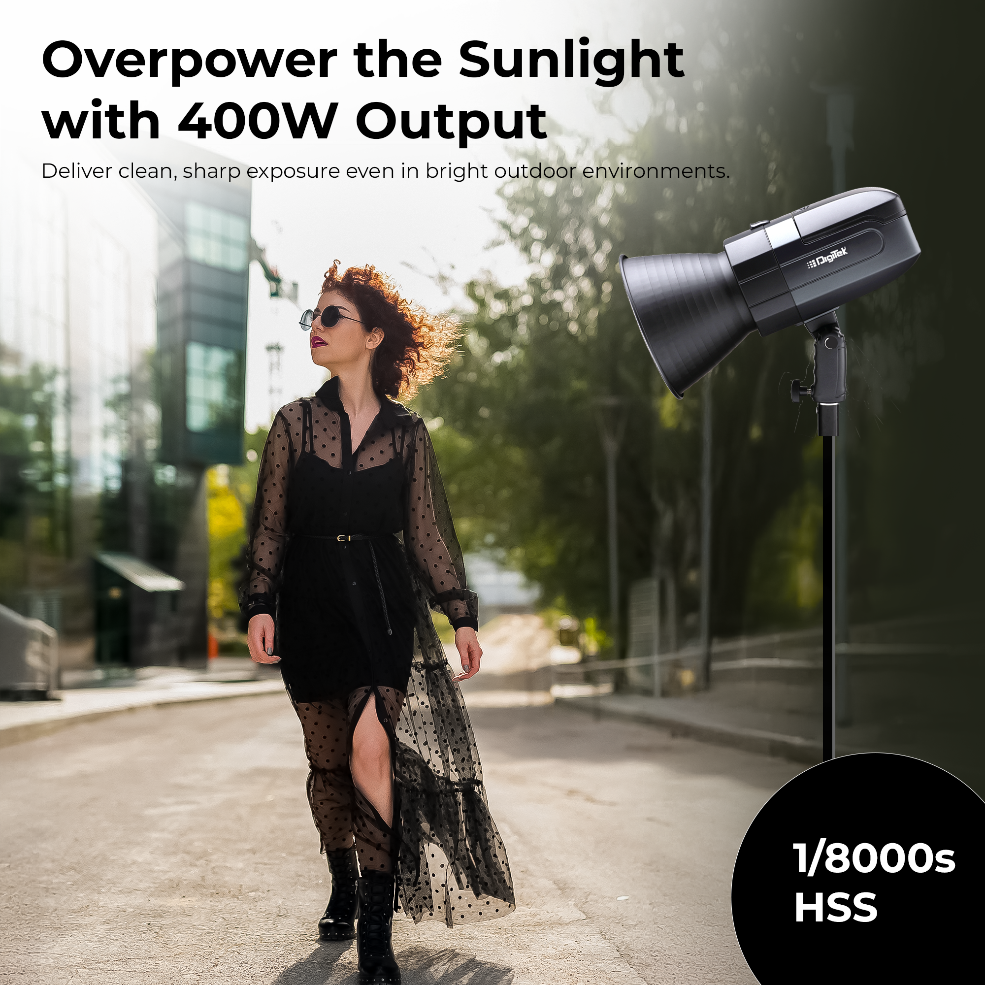 Digitek (DFL 400) High Speed 400W TTL Flash Strobe Light, Built-in TTL, 1/8000s HSS, 2.4G, 13W LED Modeling Lamp, Stroboscopic & Multi Flash, 5600K±200K, Fast Recycling, 500 Flashes, For Photo & Videography