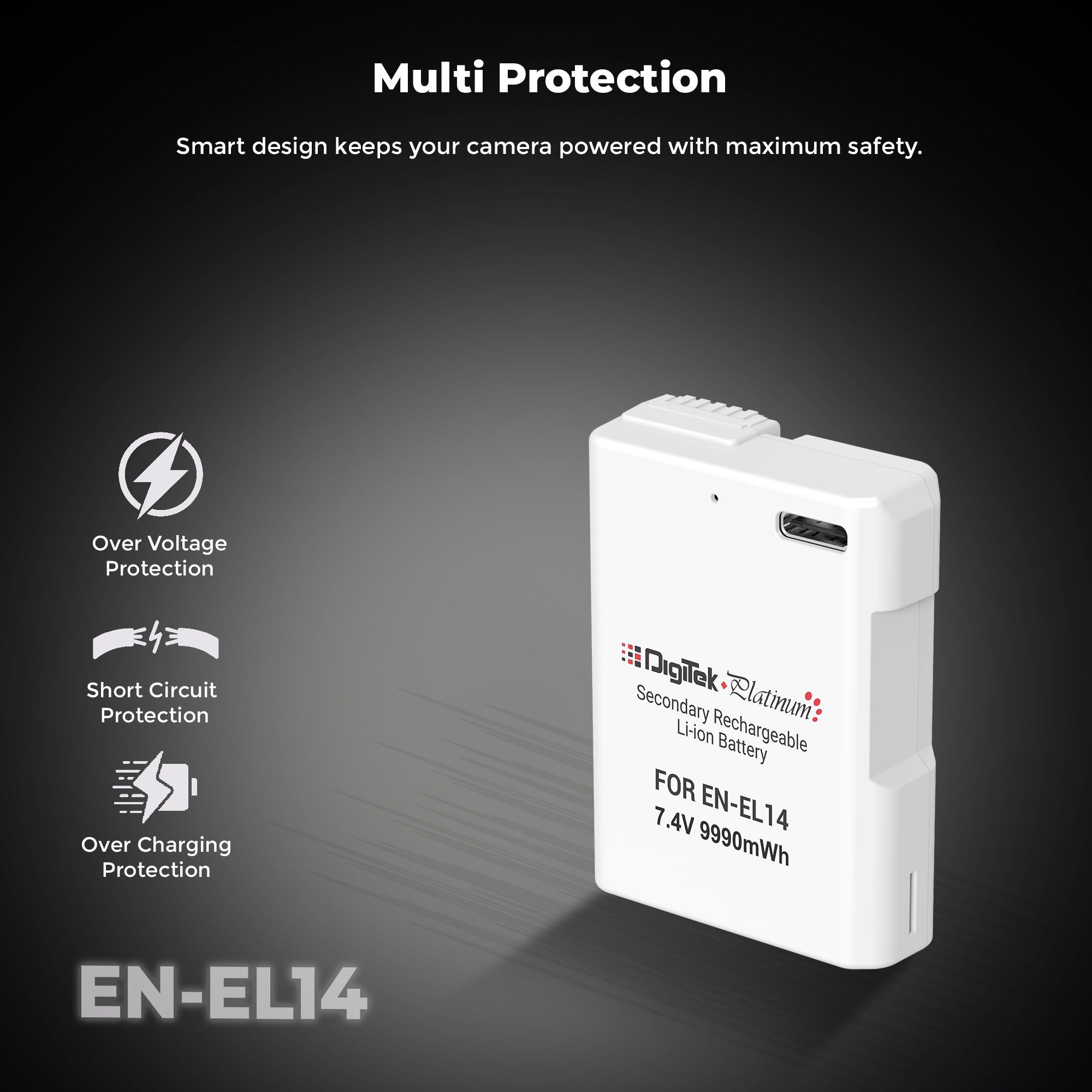 Digitek Platinum (EN-EL14 Type C) 1350mAh Li-ion Battery for Nikon DSLR Cameras with Type-C Charging Cable, for Nikon D3100, D3200, D3300, D3400, D3500, D5100–D5600, DF DSLR, and Coolpix P7000–P7800