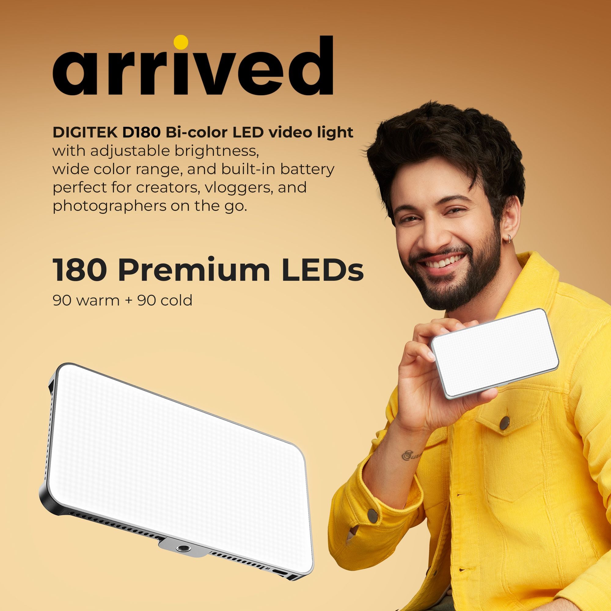 مصباح فيديو LED احترافي محمول من Digitek (LED-D180 BI) مزود بـ 21 تأثيرًا مُعدًا مسبقًا وبطارية 4000 مللي أمبير، وإضاءة متعددة المشاهد، وتحكم في درجة حرارة اللون والسطوع