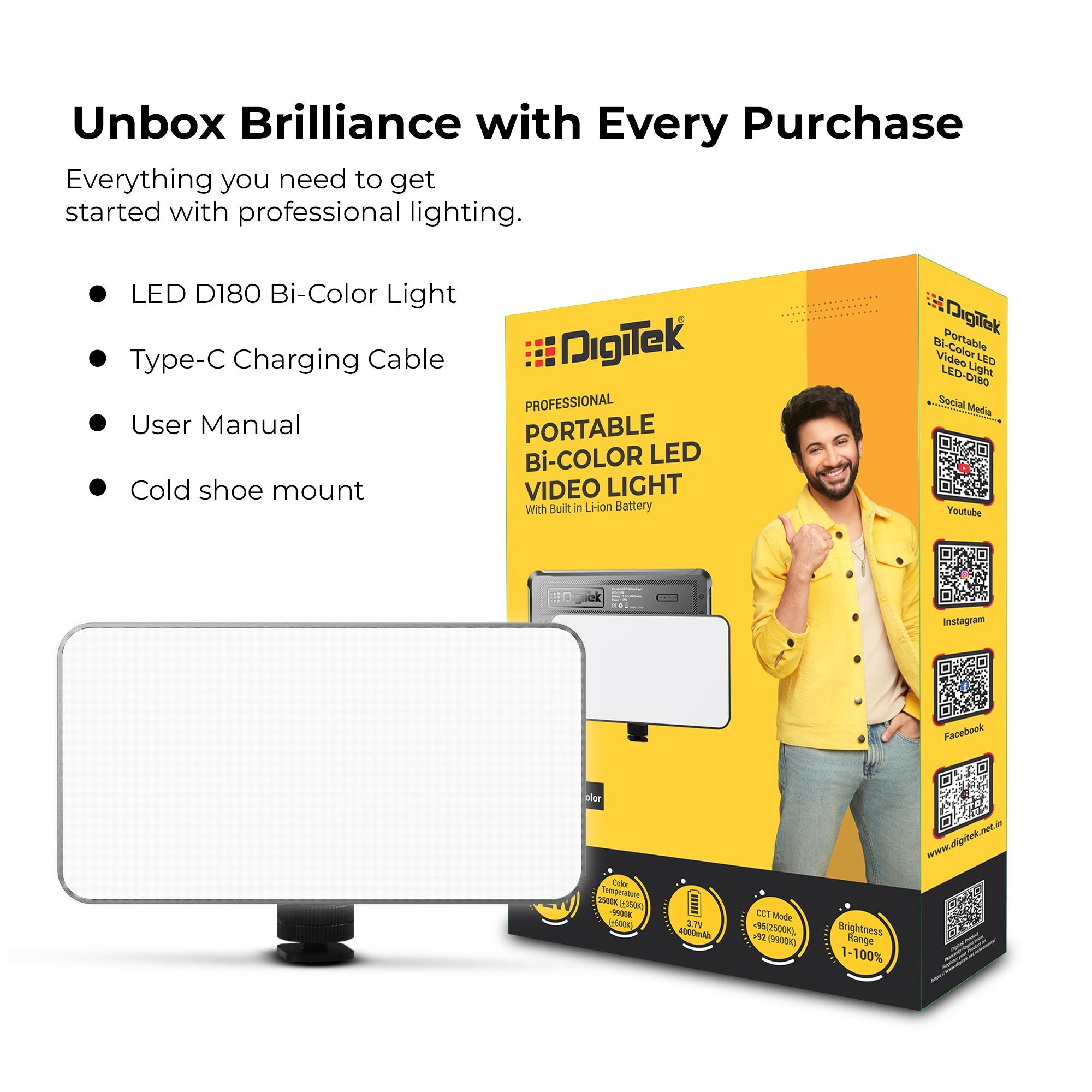 مصباح فيديو LED احترافي محمول من Digitek (LED-D180 BI) مزود بـ 21 تأثيرًا مُعدًا مسبقًا وبطارية 4000 مللي أمبير، وإضاءة متعددة المشاهد، وتحكم في درجة حرارة اللون والسطوع