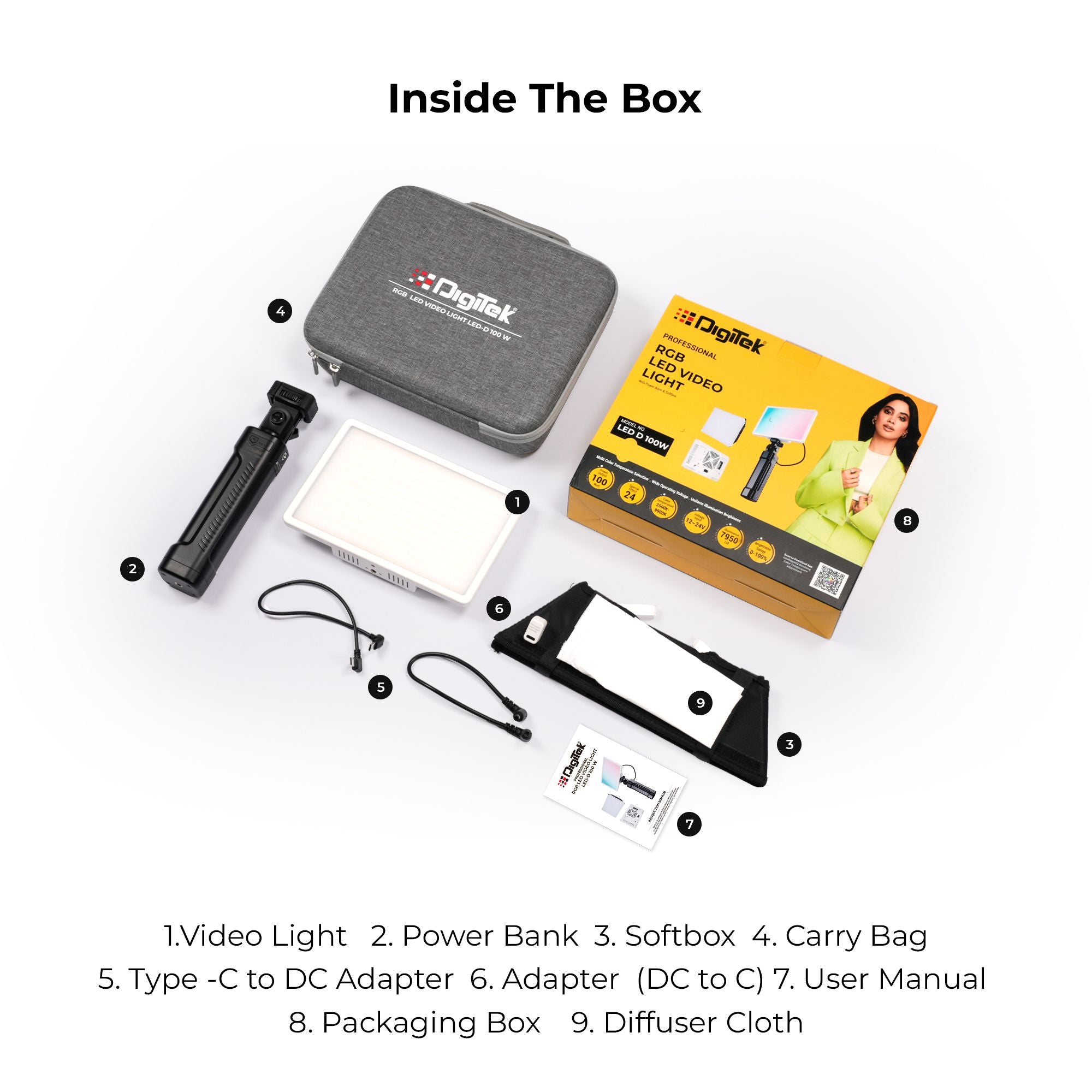 Digitek (LED-D100W RGB) Portable 100W RGB LED Video Light with Softbox & Power Bank, 24 Effects, 120° Wide Beam, 2500K–9900K Color Temp, 95+ CRI, 7950LM Output, Carry Bag Included, For Photo & Videography