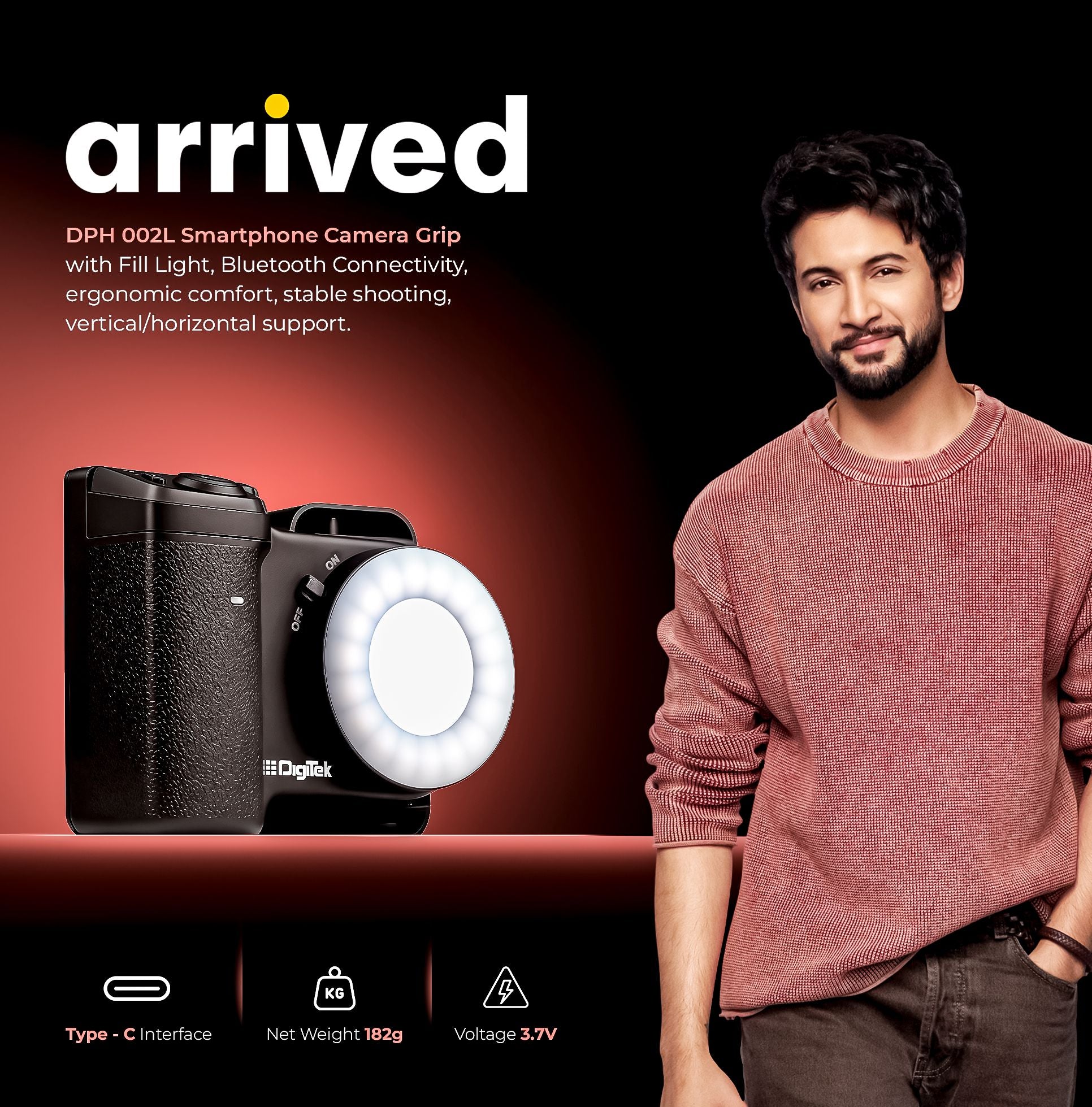 Digitek (DPH 002L) Smartphone Camera Grip with Adjustable Fill Light, Bluetooth Remote, Type-C Charging, Stable ABS+Magnet Grip, 800mAh Battery, Horizontal/Vertical Phone Mount for Vloggers & Creators