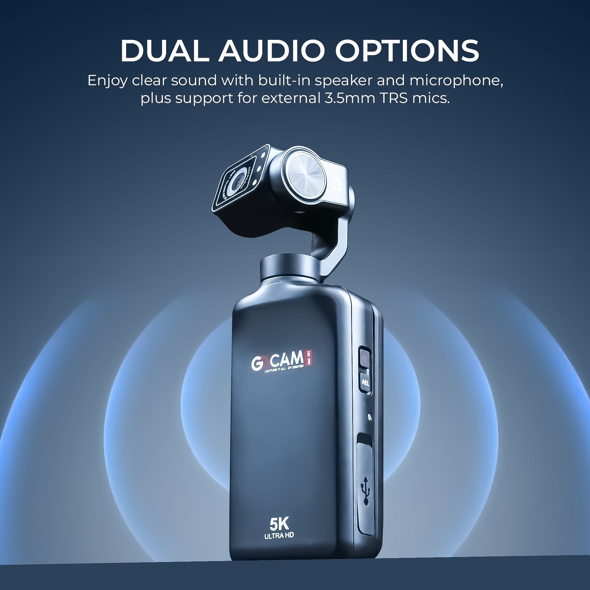 كاميرا الحركة المحمولة Digitek (DAC 202) بدقة 5K ثلاثية المحاور مع خاصية تتبع الوجه بالذكاء الاصطناعي، وشاشة دوارة 3.5 بوصة، ومستشعر 48 ميجابكسل، وواي فاي، ورؤية ليلية، ودعم ميكروفون خارجي