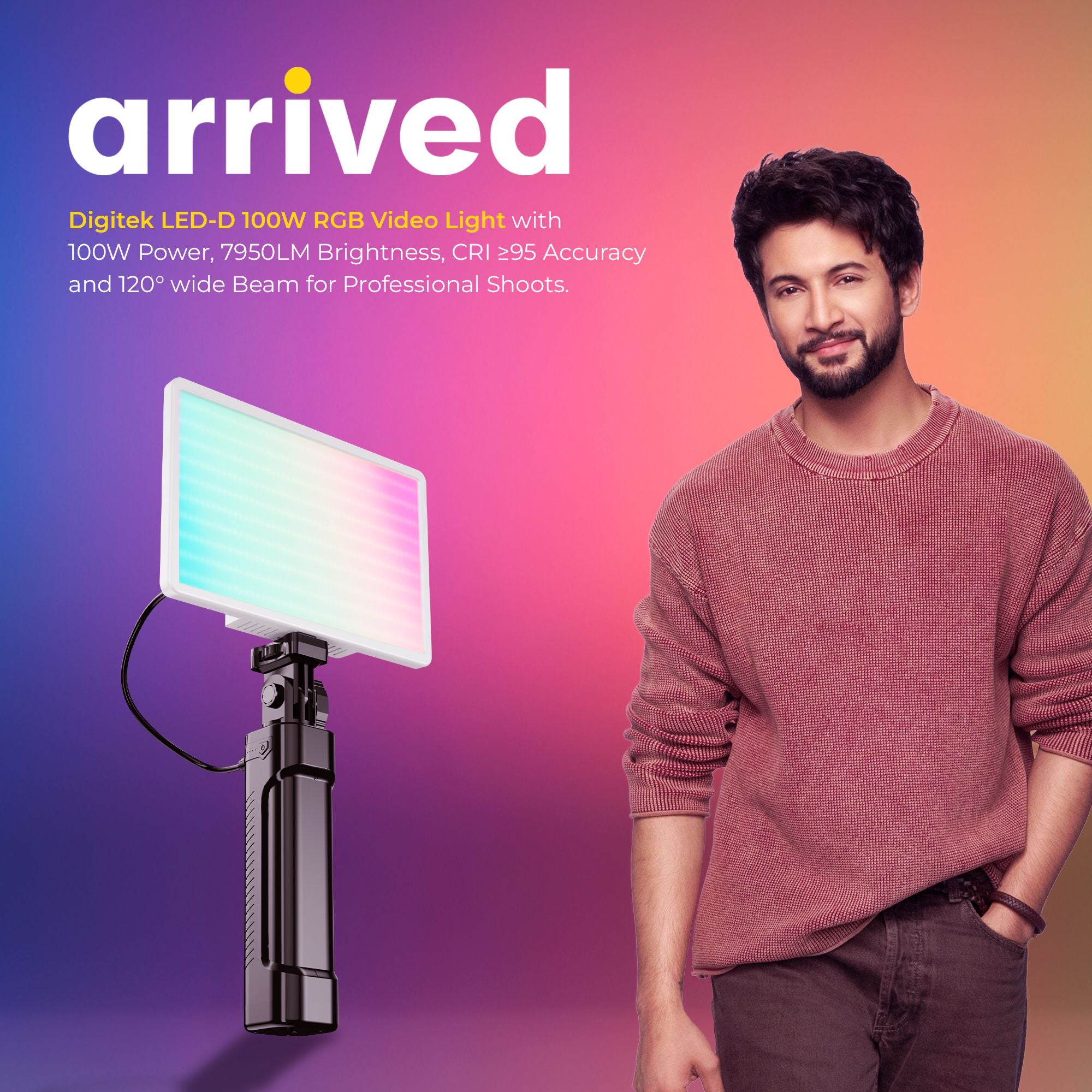 Digitek (LED-D100W RGB) Portable 100W RGB LED Video Light with Softbox & Power Bank, 24 Effects, 120° Wide Beam, 2500K–9900K Color Temp, 95+ CRI, 7950LM Output, Carry Bag Included, For Photo & Videography