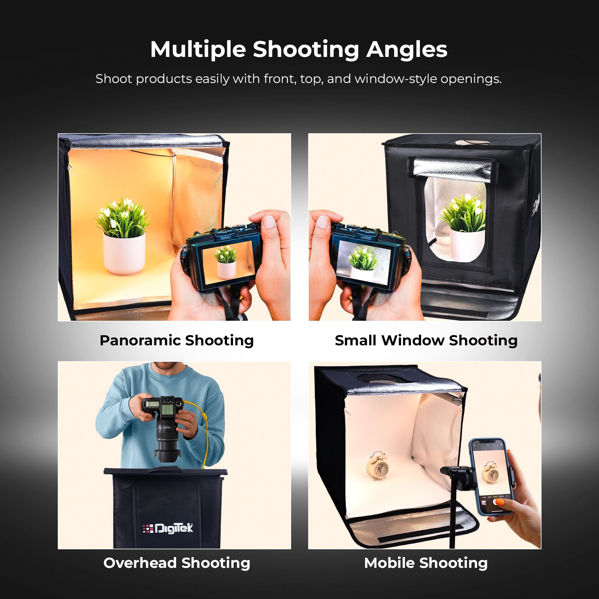 Digitek (DPLB 4040) Professional 40cm Photography LED Light Box, 30W Dual Bi-Color LED Panels, 2800K–6800K, 90 CRI, 0-100% Dimming, 6 Color PVC Backgrounds, Shadow-Free Shooting for Camera & Phone