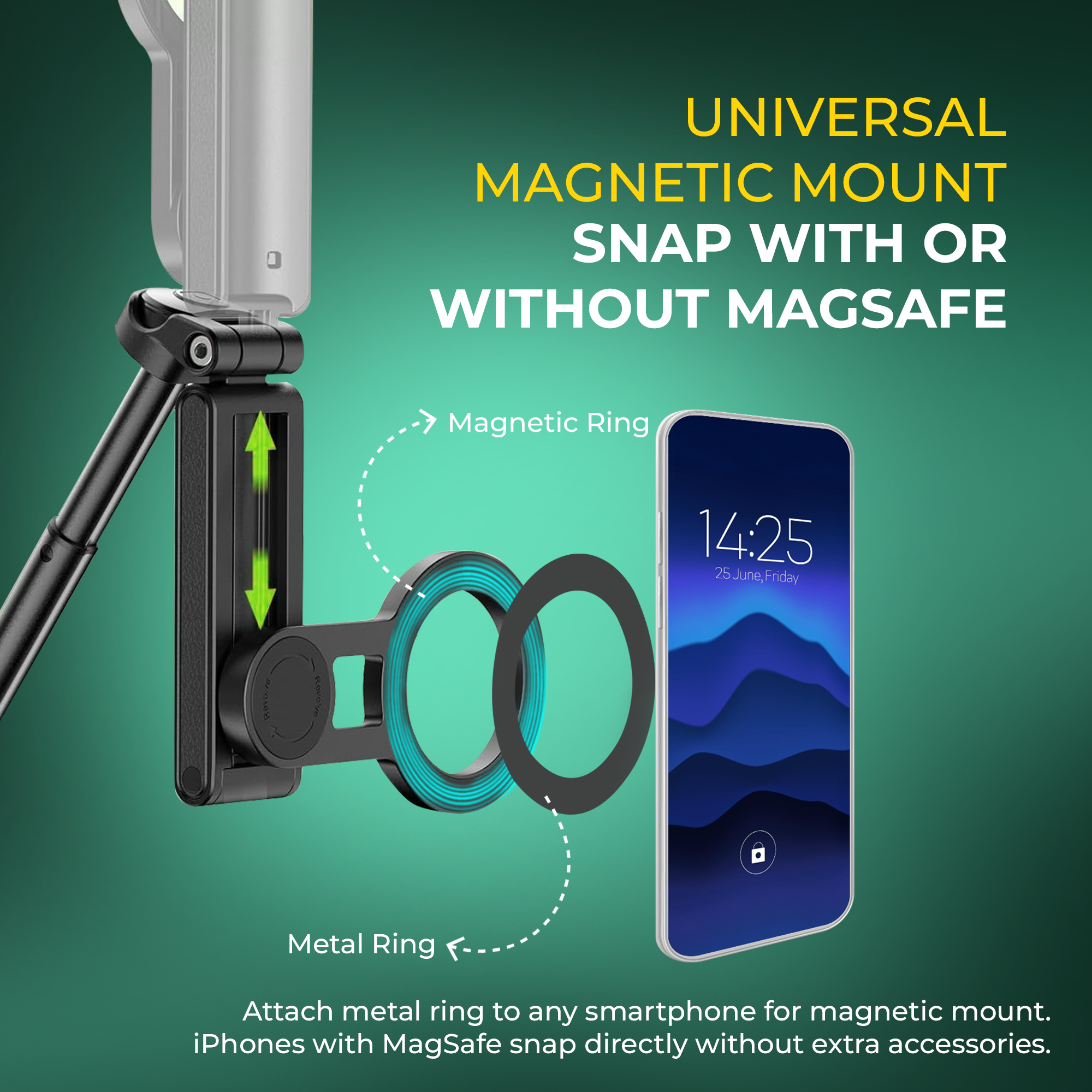 حامل ثلاثي القوائم مغناطيسي لعصا السيلفي من ديجيتك (DTR 350 SS) مع جهاز تحكم عن بعد بلوتوث بمدى 10 أمتار، تصميم بحجم الجيب، حمولة قصوى 1 كجم، دوران 360 درجة، حامل مغناطيسي للهاتف، مثالي للسفر وتصوير الفيديوهات