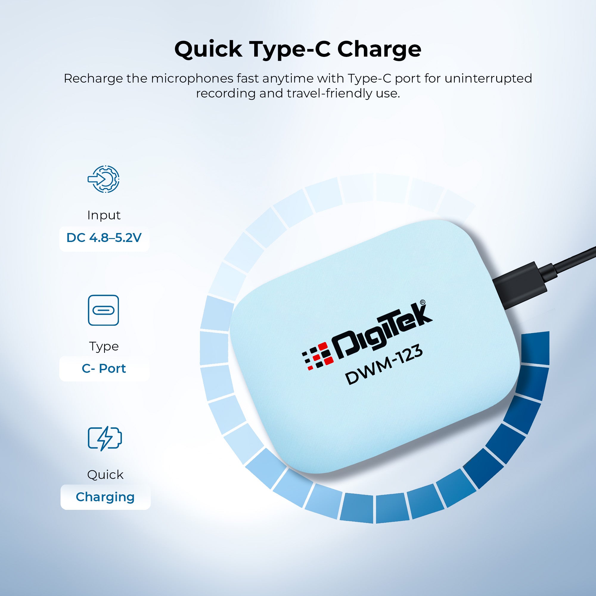 نظام ميكروفون لاسلكي Digitek (DWM 123) 2 في 1 مع علبة شحن ومشبك طوق مغناطيسي، وجهاز استقبال من النوع C لأجهزة iPhone 15 وما فوق، وهواتف Android، ومدى 60 مترًا، وميكروفون مدمج، للمبدعين ومدوني الفيديو (أزرق)