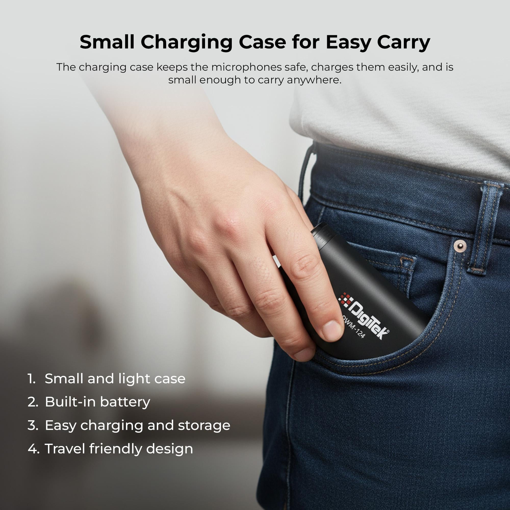 نظام ميكروفون لاسلكي ثنائي الوظائف من ديجيتك (DWM-124) لأجهزة آيفون 15 وما فوق وأجهزة أندرويد من النوع C، بمدى يصل إلى 80 مترًا، مع خاصية تقليل الضوضاء ووضع صدى الصوت، مثالي للمبدعين ومدوني الفيديو.