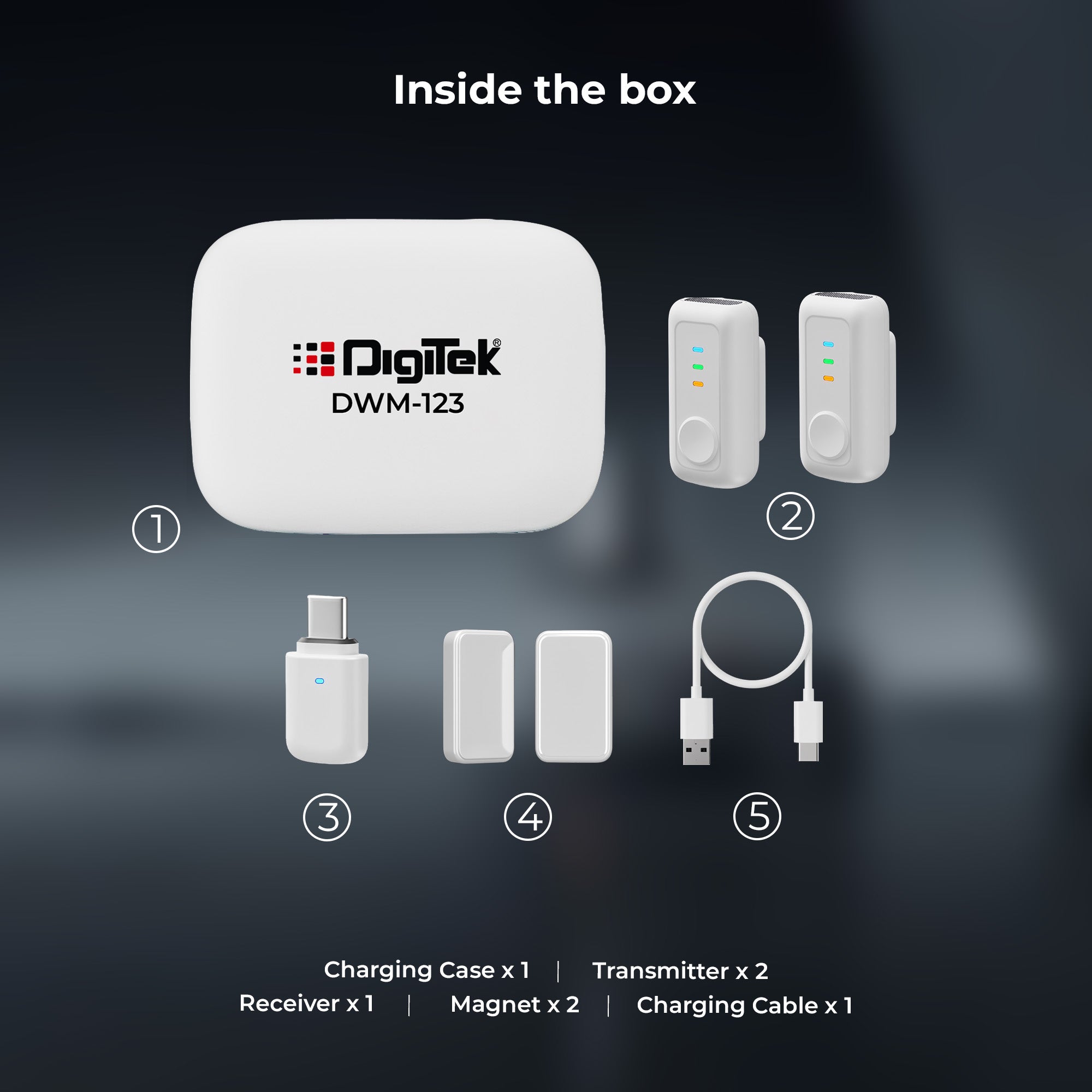 نظام ميكروفون لاسلكي Digitek (DWM 123) 2 في 1 مع علبة شحن ومشبك طوق مغناطيسي، وجهاز استقبال من النوع C لأجهزة iPhone 15 وما فوق، وهواتف Android، ومدى 60 مترًا، وميكروفون مدمج، للمبدعين ومدوني الفيديو (أبيض)