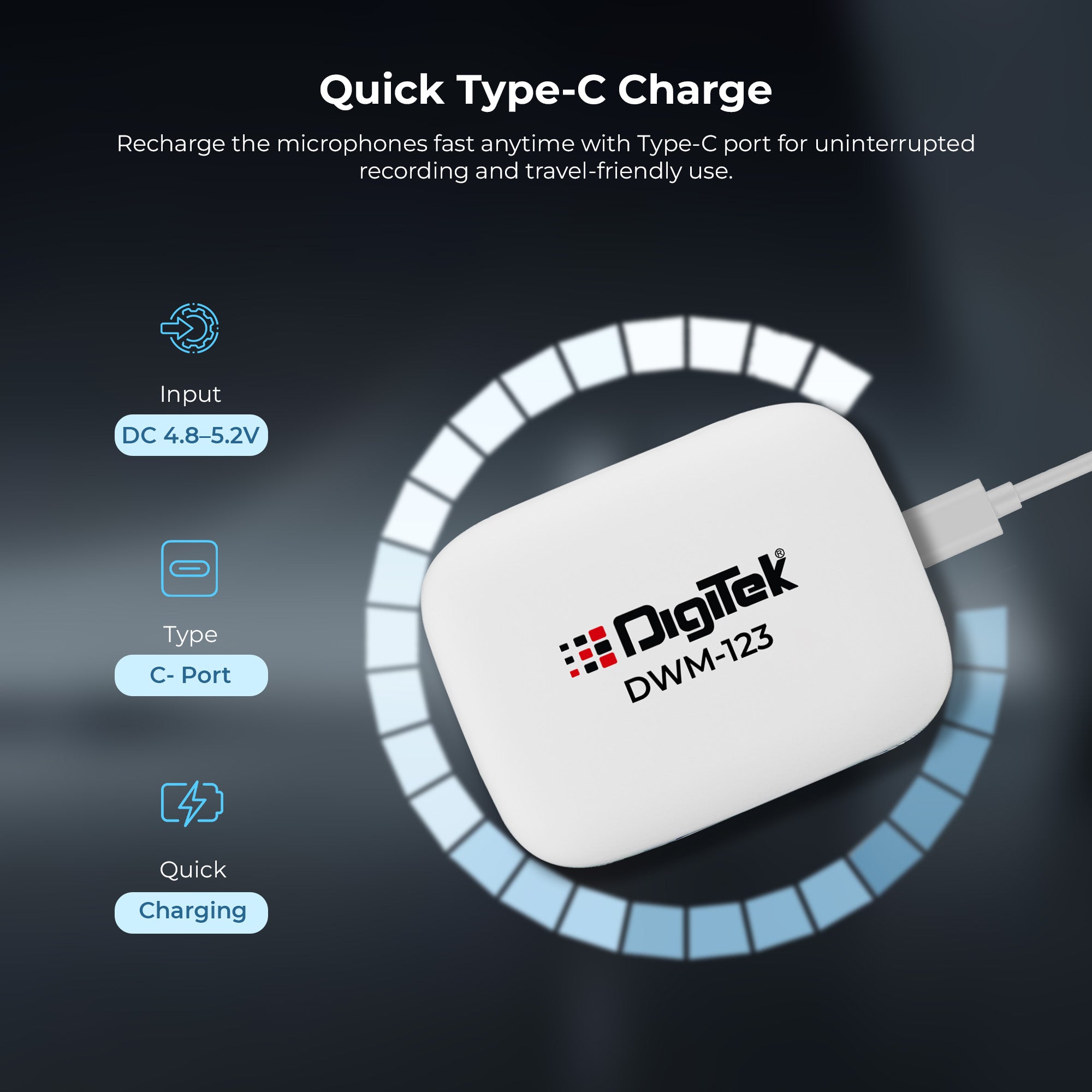 نظام ميكروفون لاسلكي Digitek (DWM 123) 2 في 1 مع علبة شحن ومشبك طوق مغناطيسي، وجهاز استقبال من النوع C لأجهزة iPhone 15 وما فوق، وهواتف Android، ومدى 60 مترًا، وميكروفون مدمج، للمبدعين ومدوني الفيديو (أبيض)