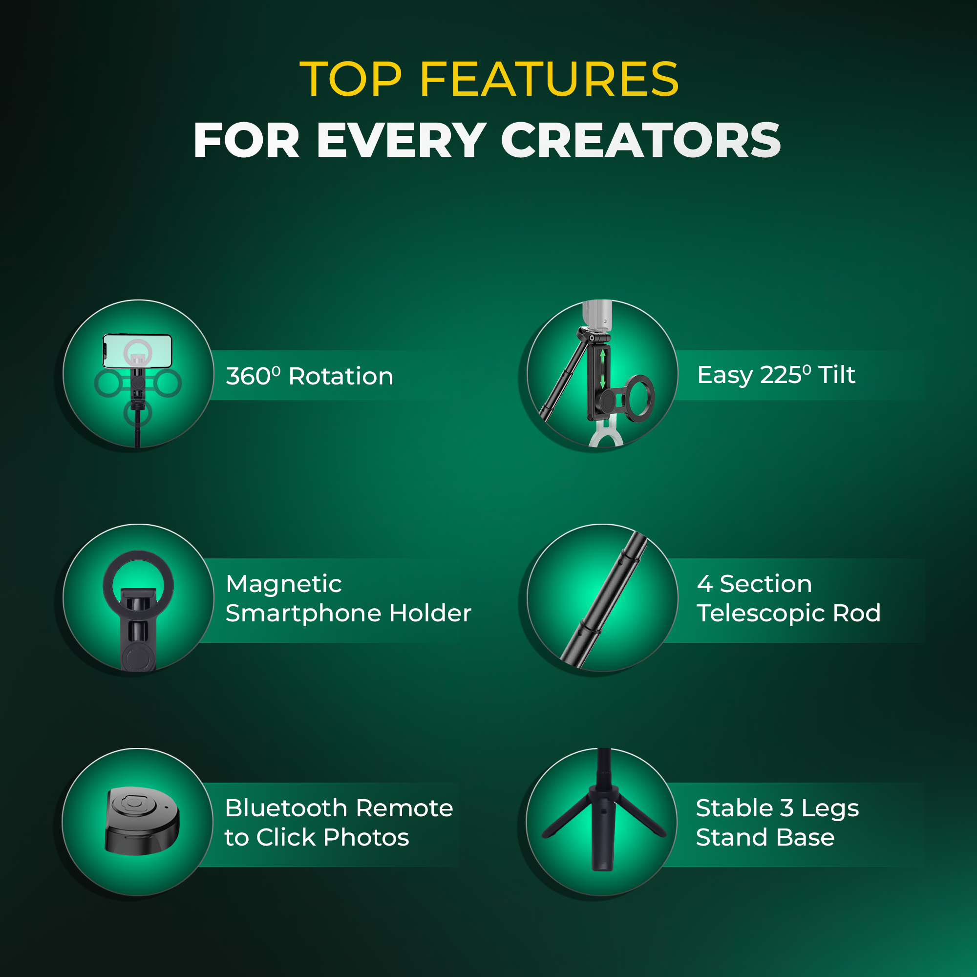 حامل ثلاثي القوائم مغناطيسي لعصا السيلفي من ديجيتك (DTR 350 SS) مع جهاز تحكم عن بعد بلوتوث بمدى 10 أمتار، تصميم بحجم الجيب، حمولة قصوى 1 كجم، دوران 360 درجة، حامل مغناطيسي للهاتف، مثالي للسفر وتصوير الفيديوهات