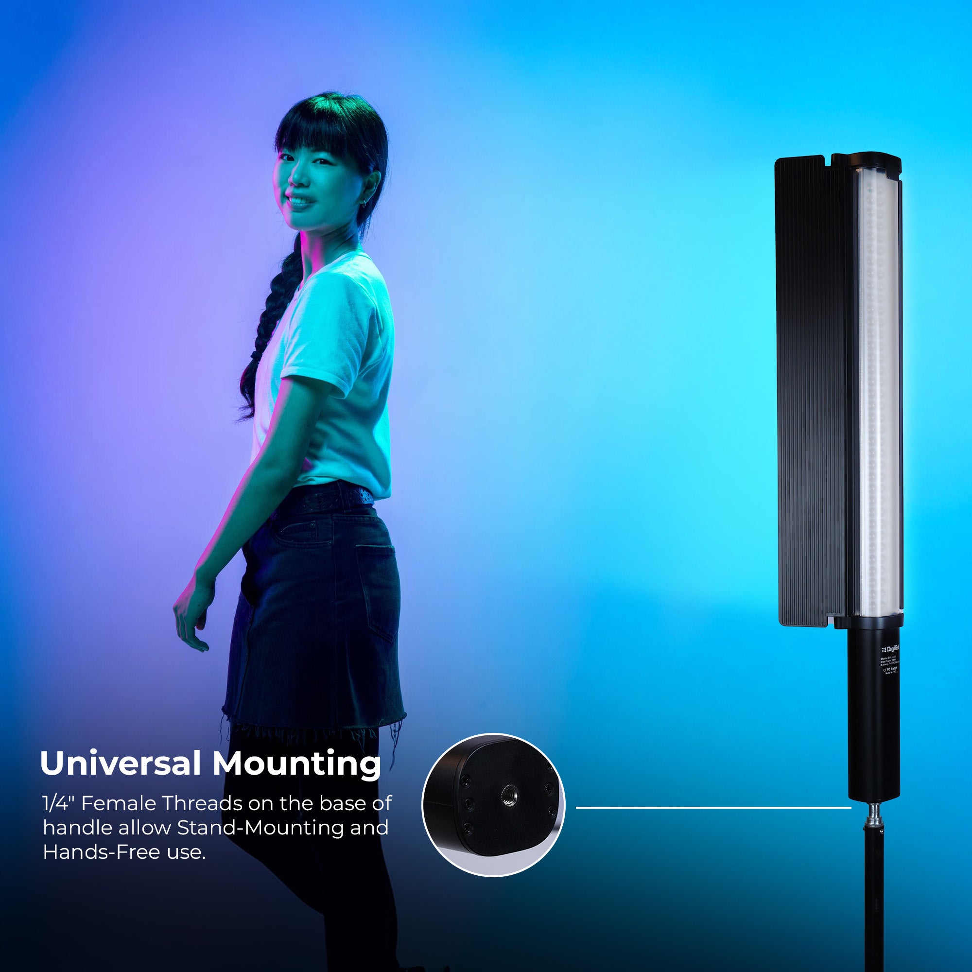 عصا إضاءة LED محمولة يدوية من Digitek (DSL 555 RGB) بقوة 38 واط، إضاءة فيديو بقوة 14200 لومن، درجة حرارة لون مزدوجة من 2500 كلفن إلى 9900 كلفن، تحكم عبر تطبيق، شاشة OLED و24 وضعًا للتأثيرات، تدعم التصوير الفوتوغرافي والفيديو الاحترافي