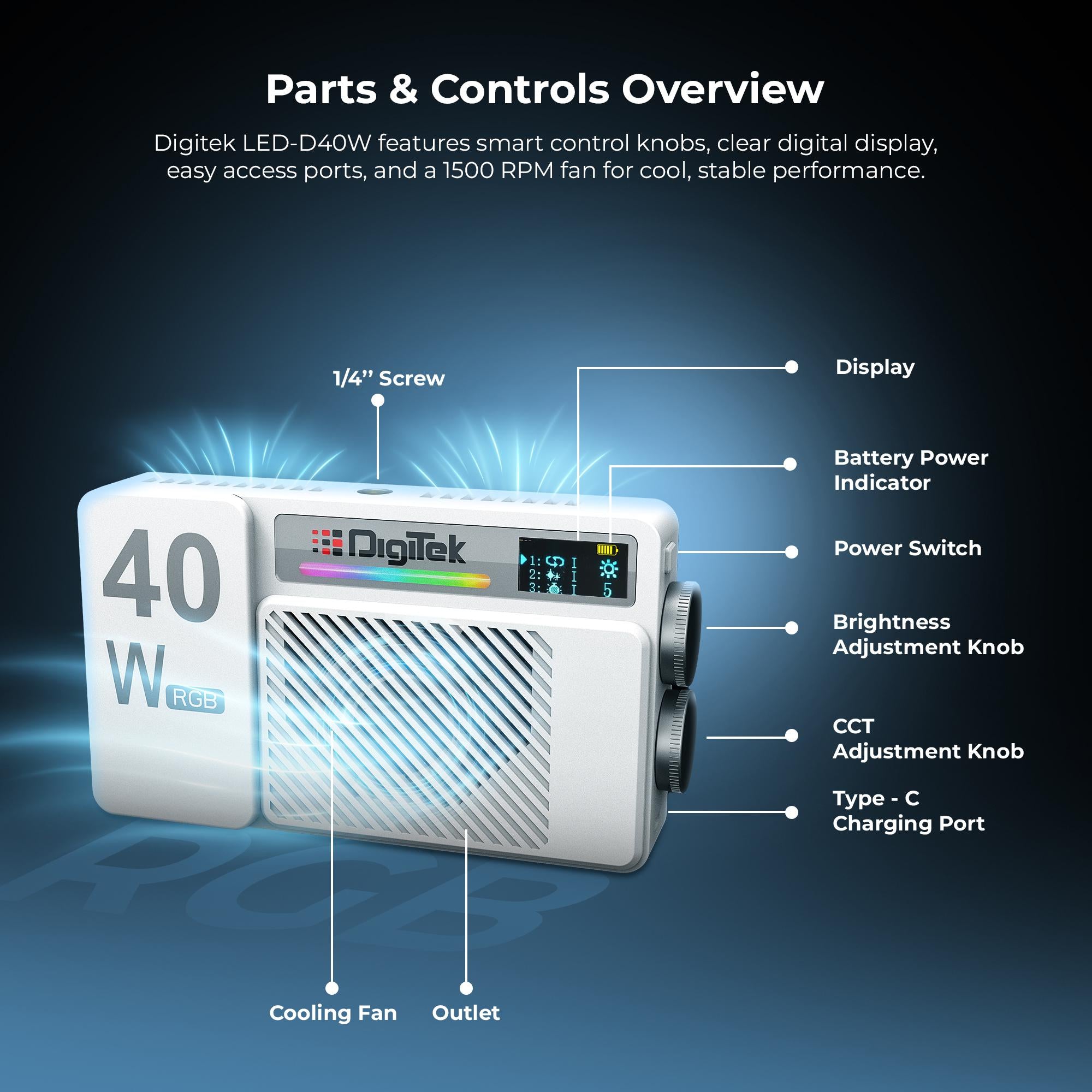 مصباح فيديو LED محمول من ديجيتك (LED-D40W RGB) بقوة 40 واط