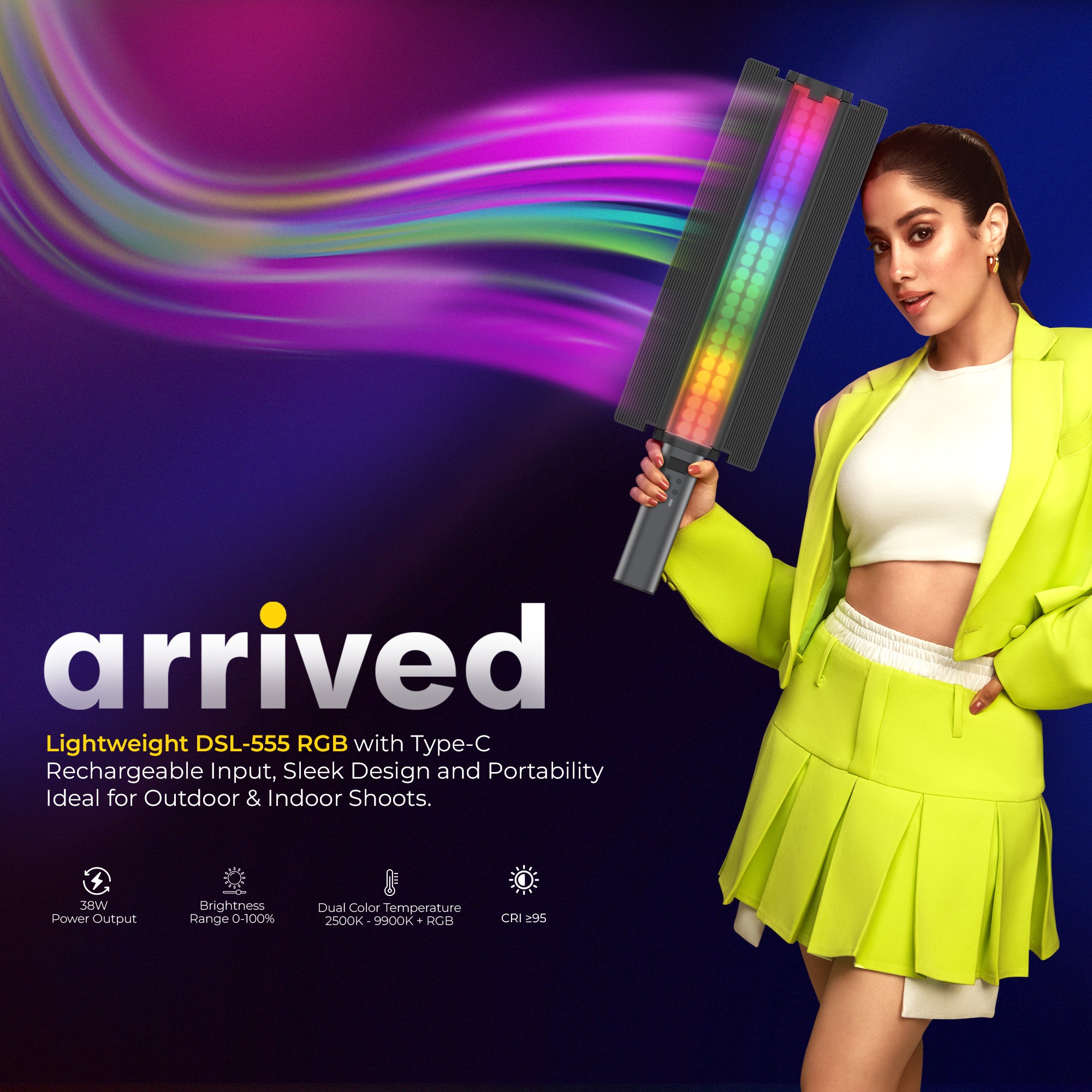 عصا إضاءة LED محمولة يدوية من Digitek (DSL 555 RGB) بقوة 38 واط، إضاءة فيديو بقوة 14200 لومن، درجة حرارة لون مزدوجة من 2500 كلفن إلى 9900 كلفن، تحكم عبر تطبيق، شاشة OLED و24 وضعًا للتأثيرات، تدعم التصوير الفوتوغرافي والفيديو الاحترافي